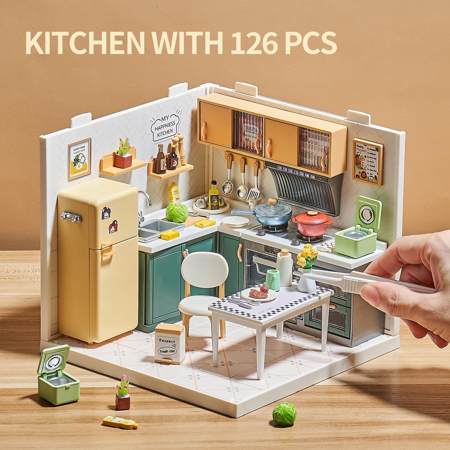 Qudify Miniature Kitchen DIY House Kit – 126-Piece with LED Light & Modular Base (1:24 Scale)
