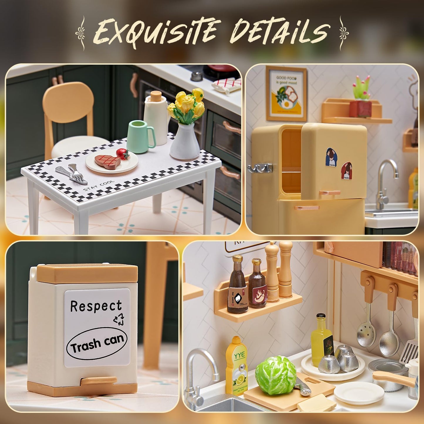 Qudify Miniature Kitchen DIY House Kit – 126-Piece with LED Light & Modular Base (1:24 Scale)