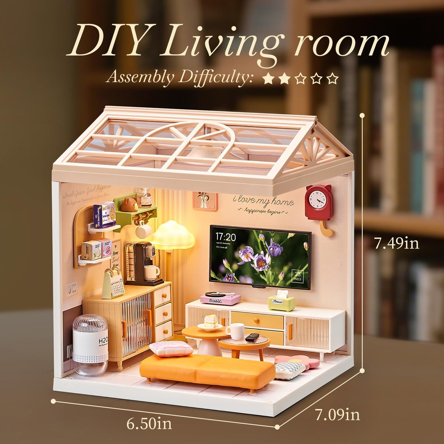 Qudify Miniature Living Room DIY Kit – 92Pcs 1:24 Dollhouse with LED Light