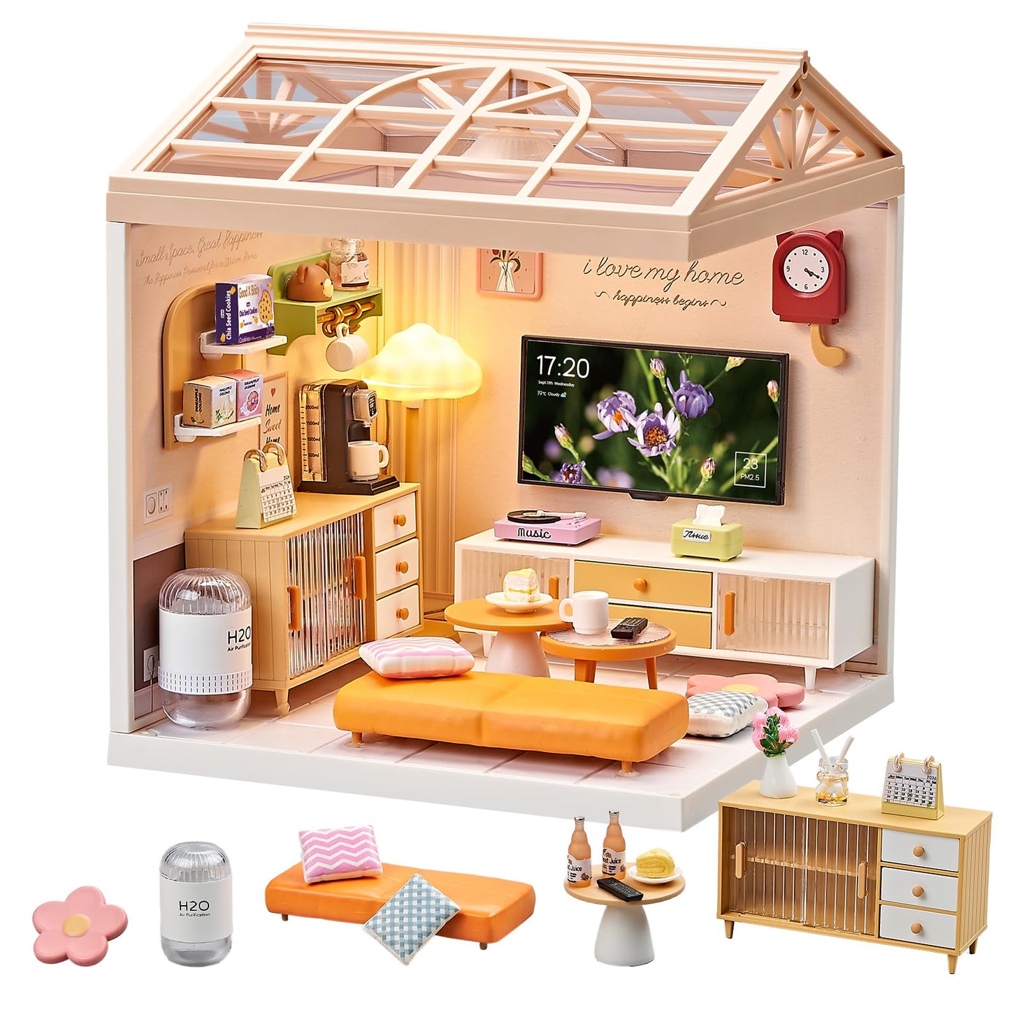 Qudify Miniature Living Room DIY Kit – 92Pcs 1:24 Dollhouse with LED Light