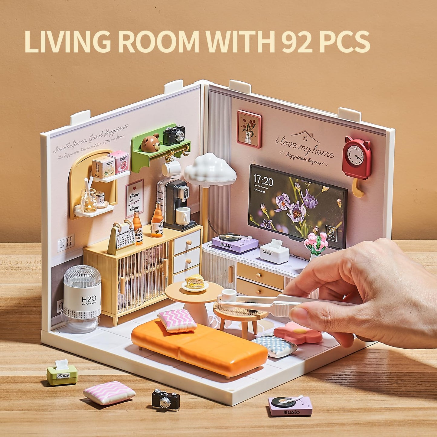 Qudify Miniature Living Room DIY Kit – 92Pcs 1:24 Dollhouse with LED Light