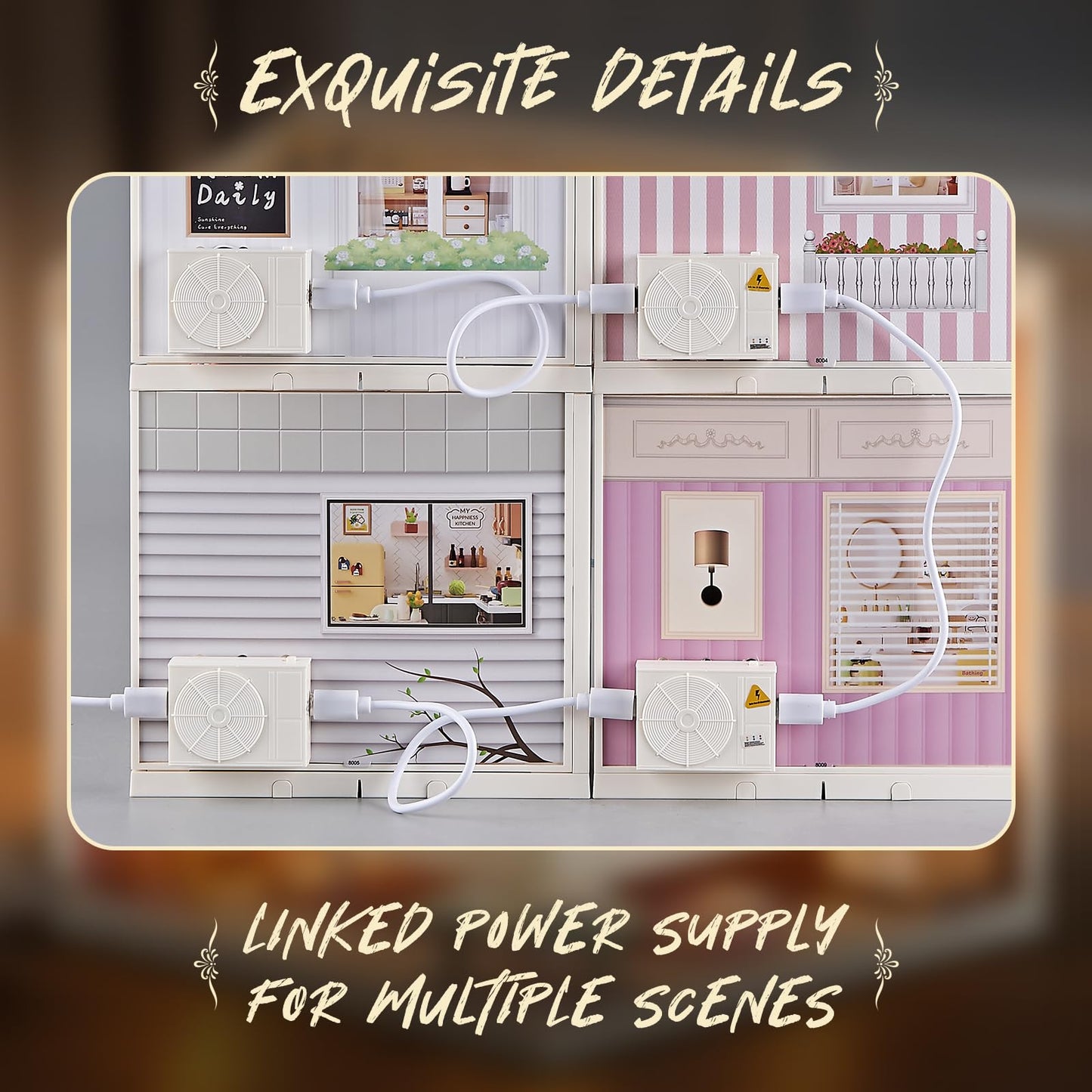 Qudify Miniature Living Room DIY Kit – 92Pcs 1:24 Dollhouse with LED Light