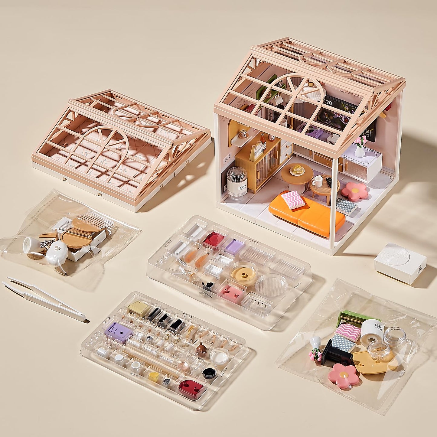 Qudify Miniature Living Room DIY Kit – 92Pcs 1:24 Dollhouse with LED Light