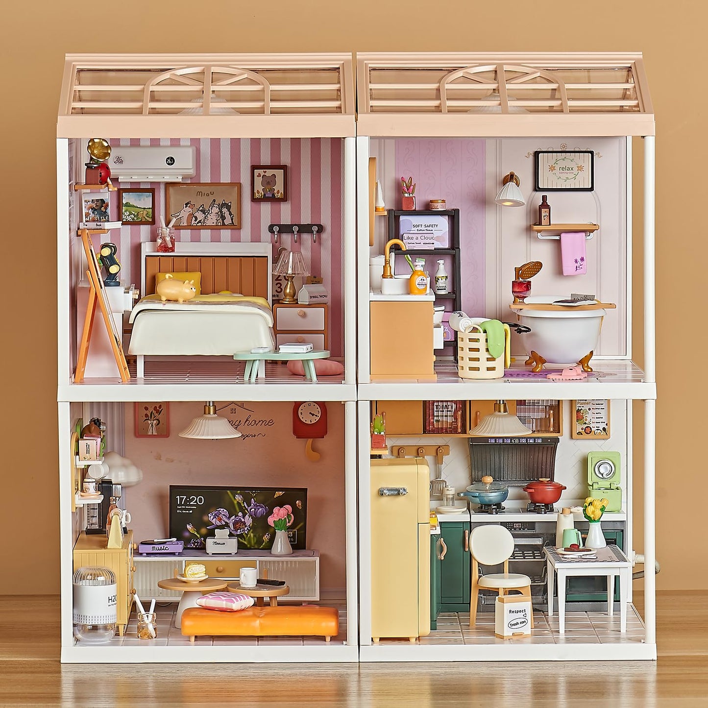 Qudify Miniature Living Room DIY Kit – 92Pcs 1:24 Dollhouse with LED Light