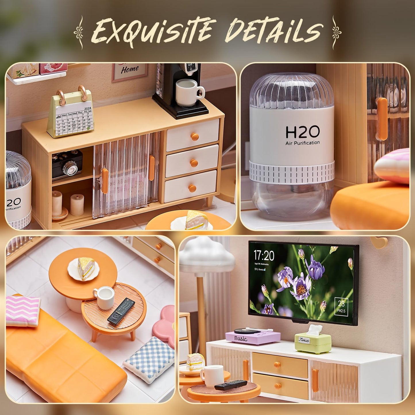 Qudify Miniature Living Room DIY Kit – 92Pcs 1:24 Dollhouse with LED Light