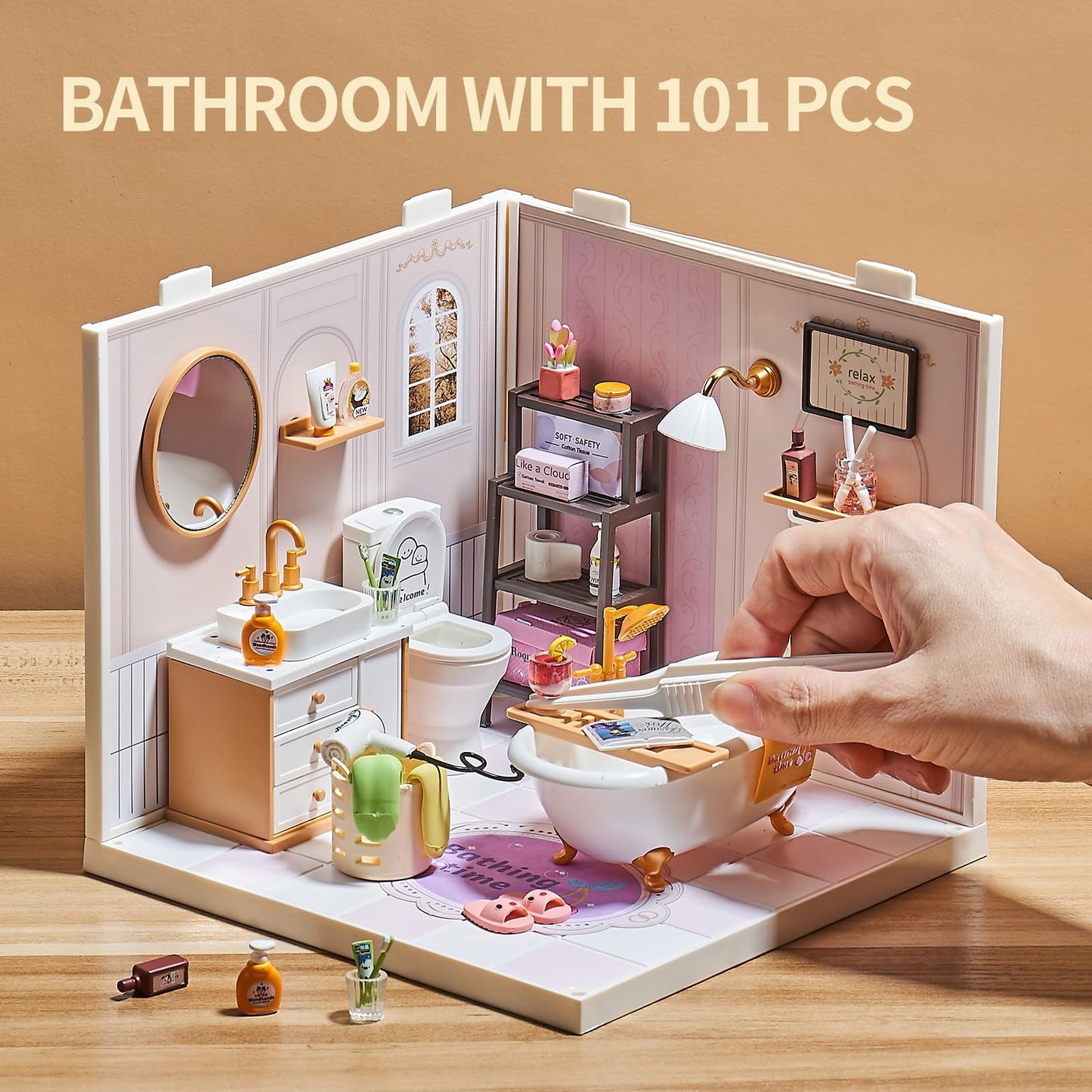 Qudify DIY Miniature Bathroom Kit – 101Pcs, 1:24 Scale Dollhouse with LED Light & Connectable Base