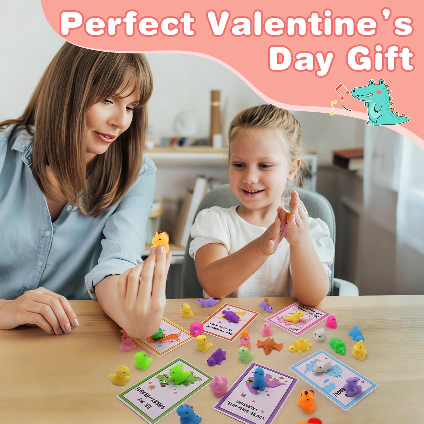 Qudoustar 30-Pack Valentines Day Cards with Dinosaur Mochi Squishies