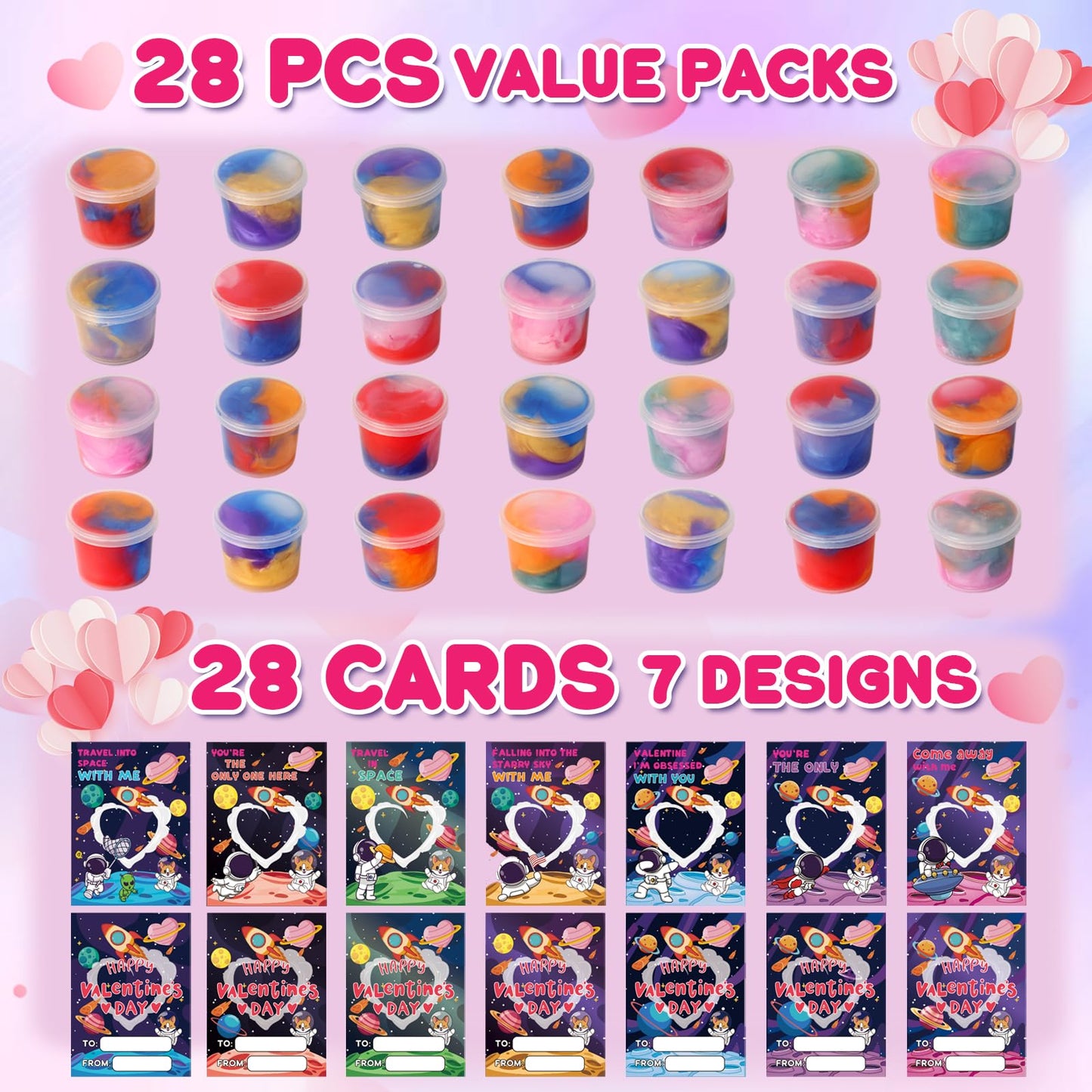 Qudoustar 28-Pack Valentines Cards with Galaxy Slime – Space Theme