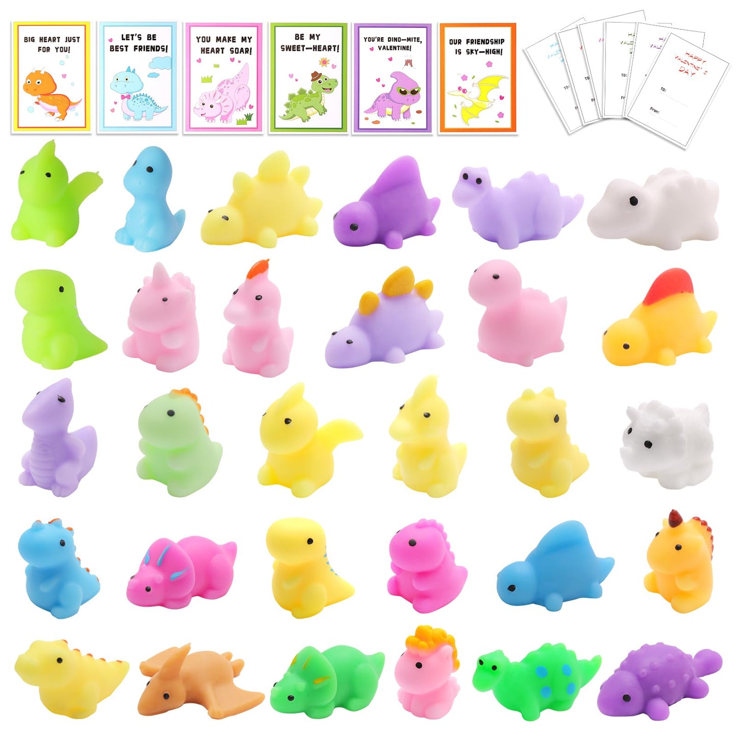 Qudoustar 30-Pack Valentines Day Cards with Dinosaur Mochi Squishies