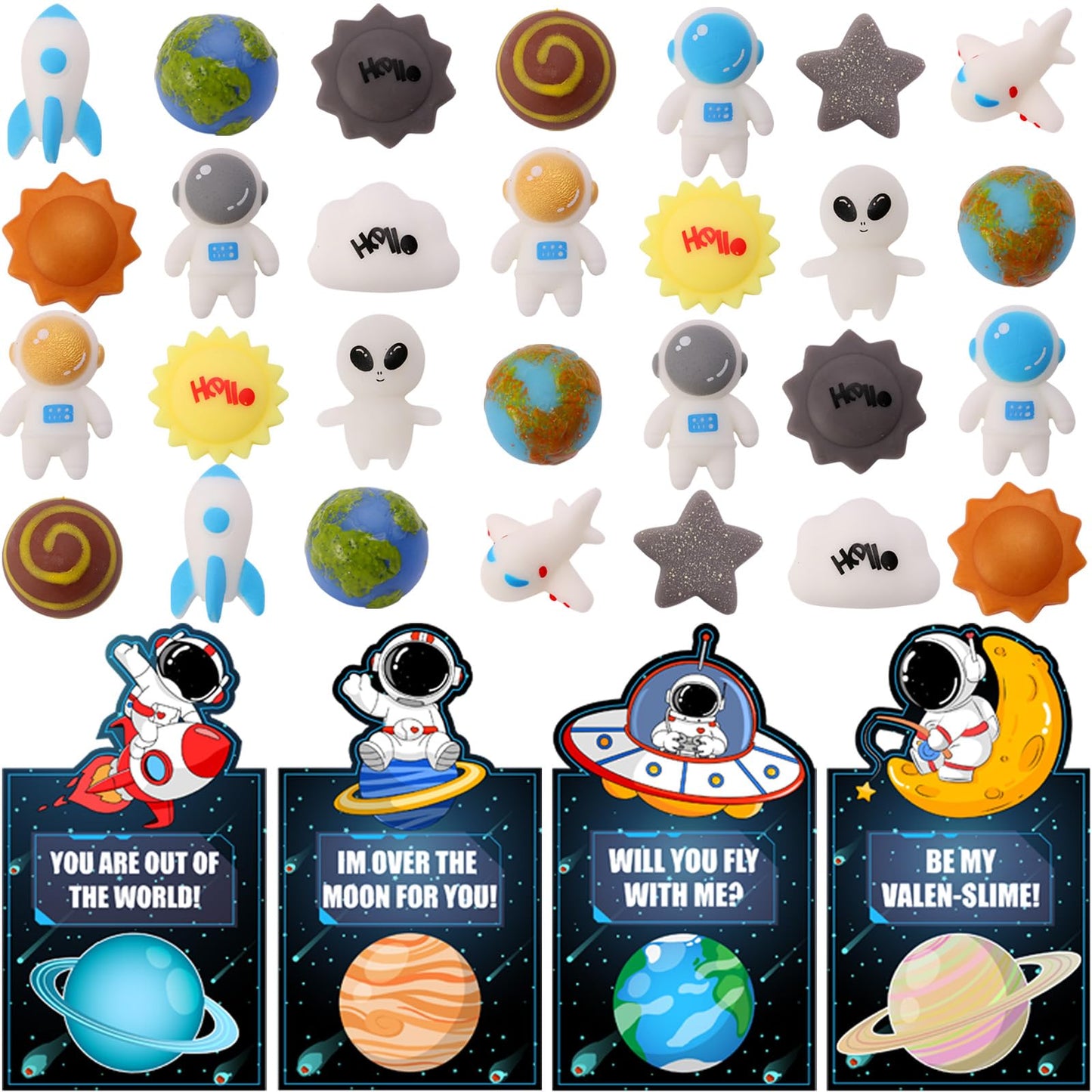 Qudoustar 28-Pack Galaxy Mochi Valentines Day Gift Set for Kids – Stress Relief Fidget Toys & Classroom Cards