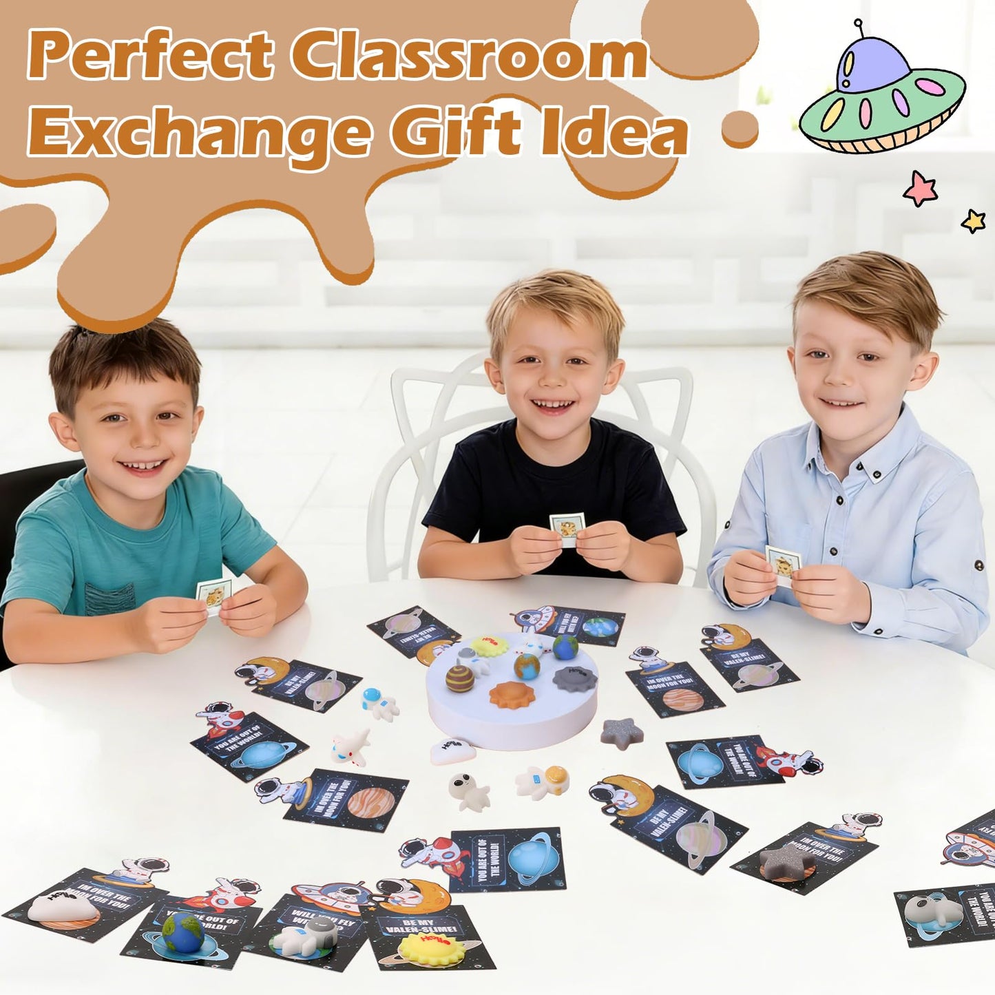 Qudoustar 28-Pack Galaxy Mochi Valentines Day Gift Set for Kids – Stress Relief Fidget Toys & Classroom Cards