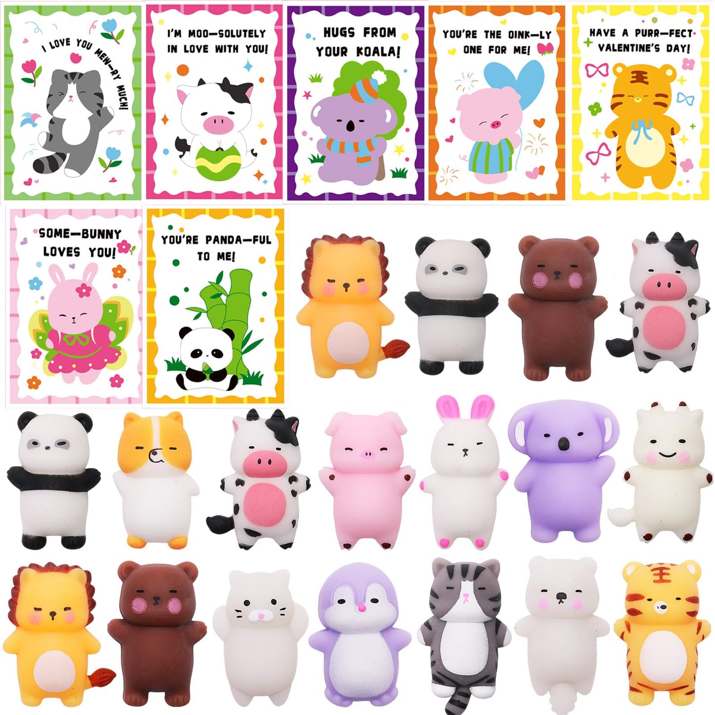 Qudoustar 28-Pack Valentine’s Day Kids Gift Set – Mochi Squishies & Cards for Classroom Exchanges