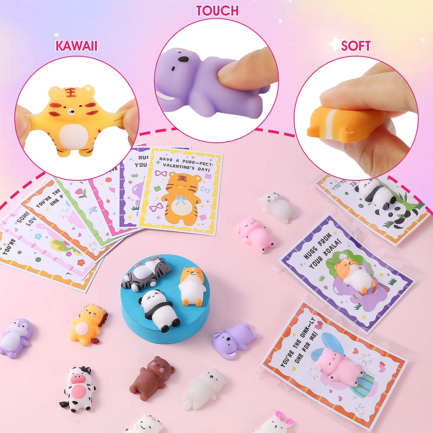 Qudoustar 28-Pack Valentine’s Day Kids Gift Set – Mochi Squishies & Cards for Classroom Exchanges
