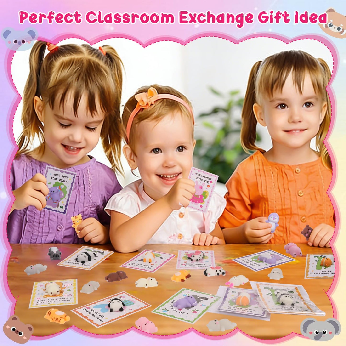 Qudoustar 28-Pack Valentine’s Day Kids Gift Set – Mochi Squishies & Cards for Classroom Exchanges