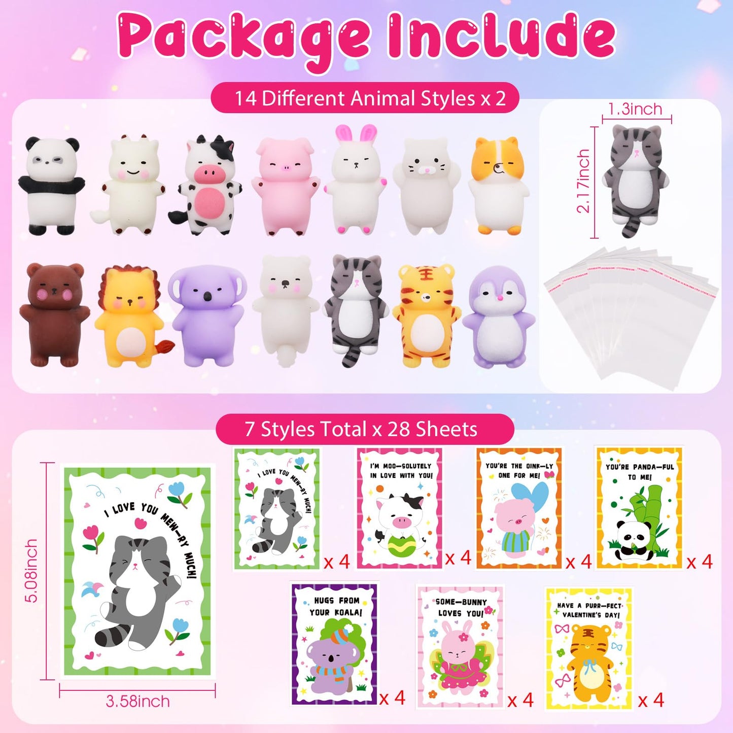 Qudoustar 28-Pack Valentine’s Day Kids Gift Set – Mochi Squishies & Cards for Classroom Exchanges