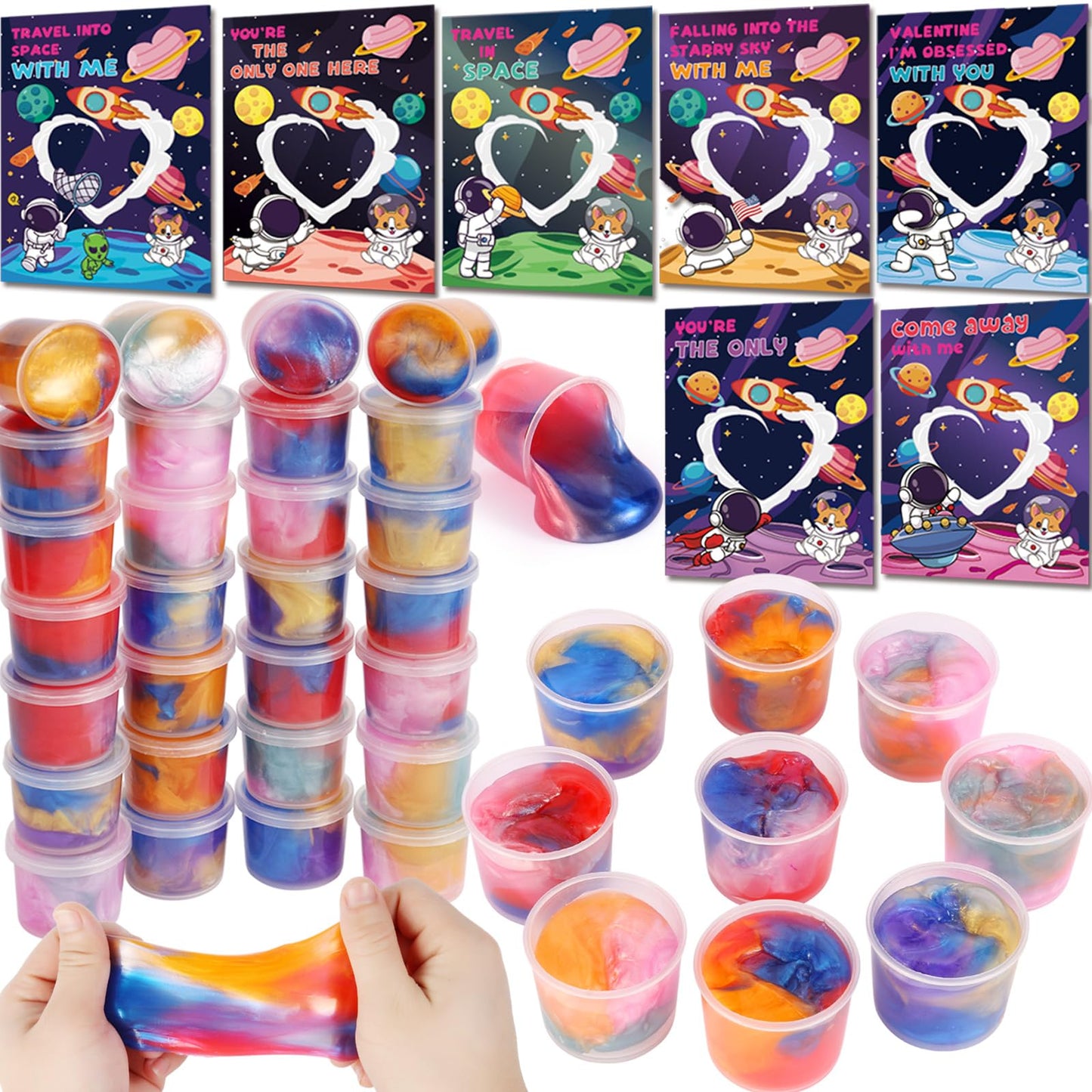 Qudoustar 28-Pack Valentines Cards with Galaxy Slime – Space Theme