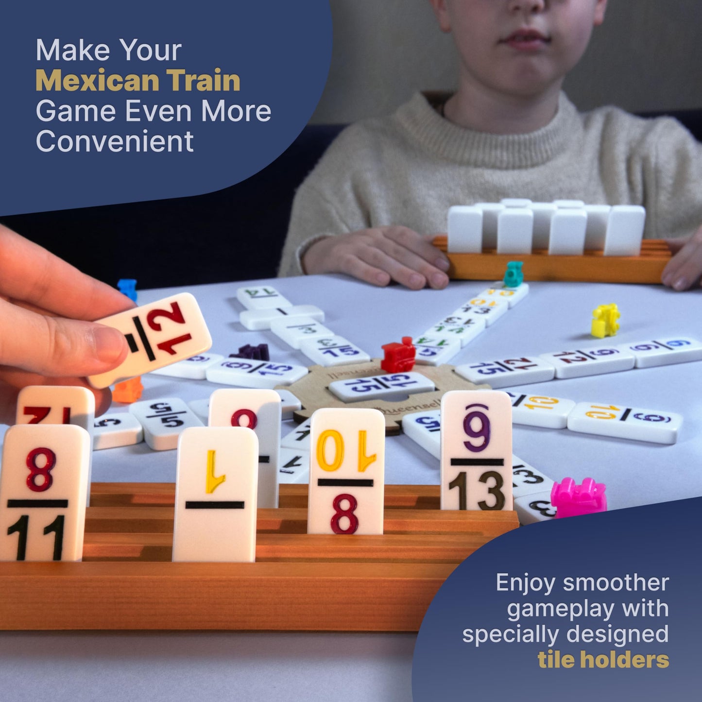 Queensell Mexican Train Dominoes Set Double 15 with Numbers | 136 Tiles + Aluminum Case