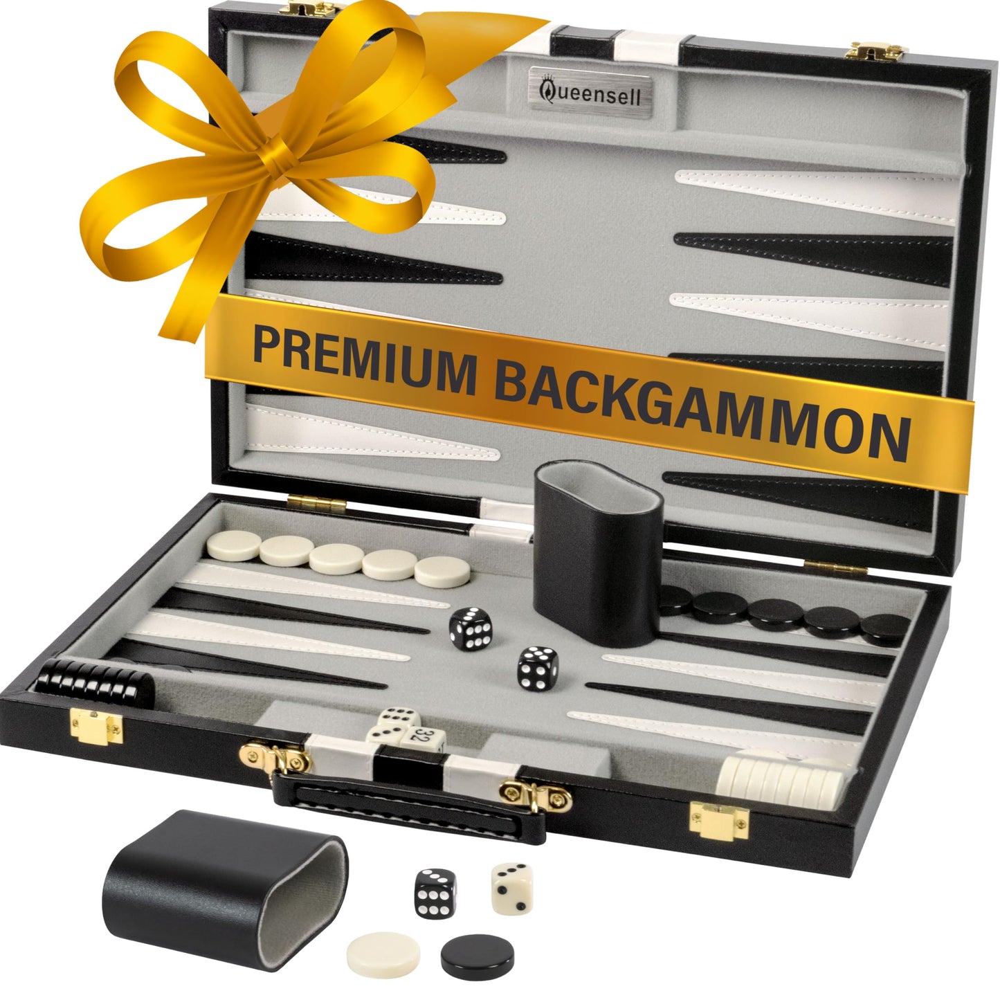 Queensell Backgammon Sets – 15-Inch Black PU Leather Travel Board for 2 Players