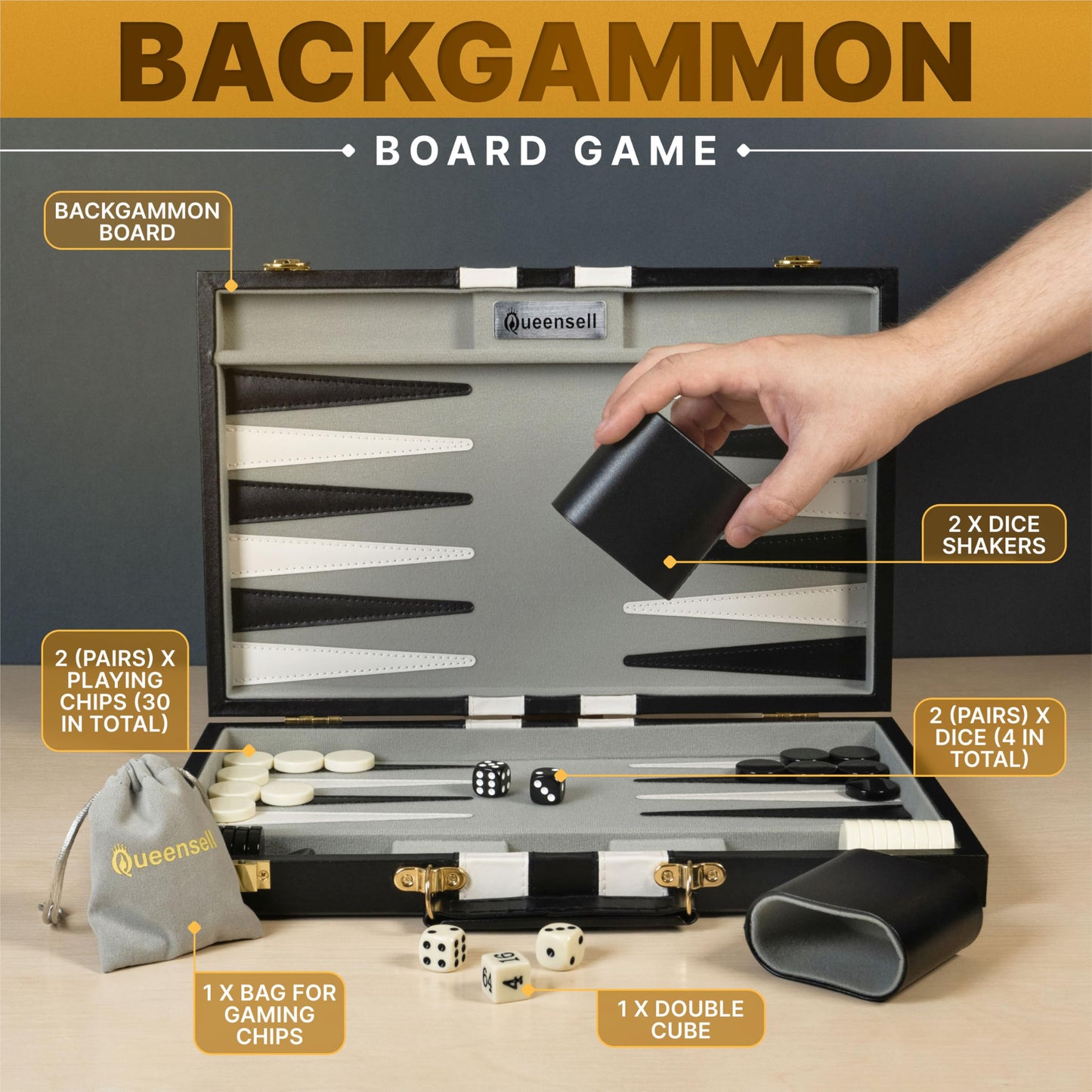 Queensell Backgammon Sets – 15-Inch Black PU Leather Travel Board for 2 Players