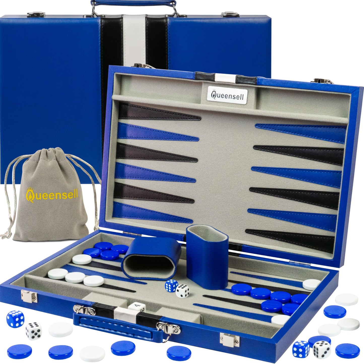 Queensell Backgammon Set – 15-Inch PU Leather Travel Board for 2 Players