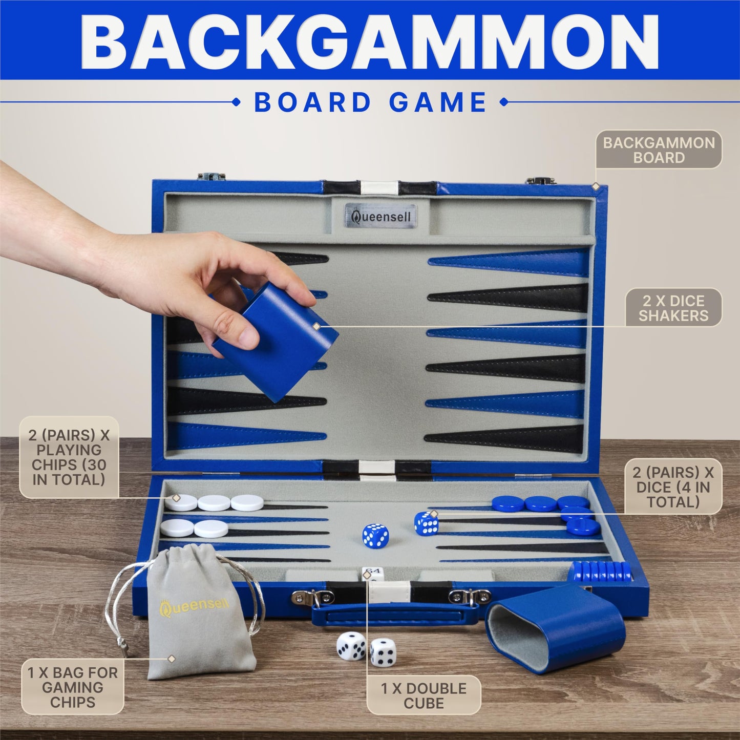 Queensell Backgammon Set – 15-Inch PU Leather Travel Board for 2 Players