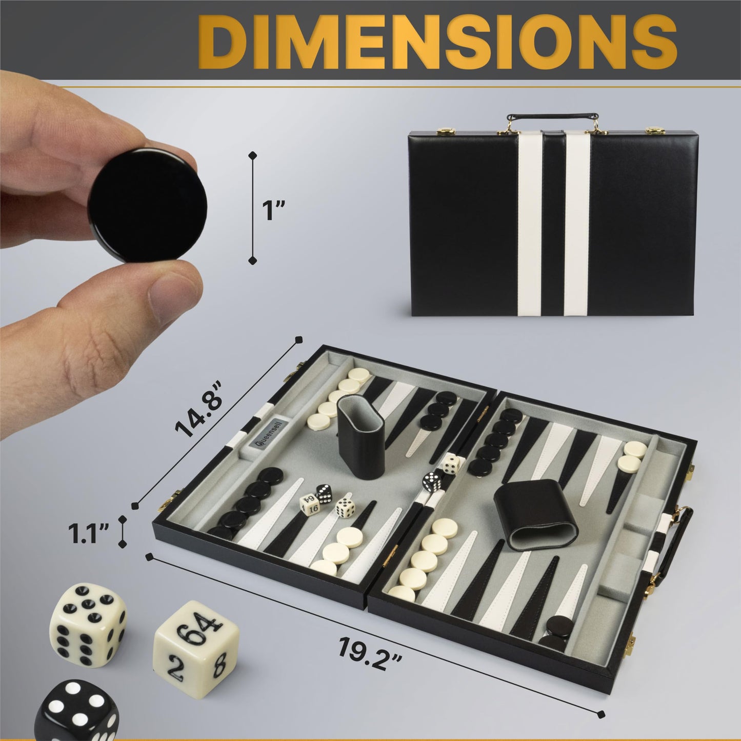 Queensell Backgammon Sets – 15-Inch Black PU Leather Travel Board for 2 Players