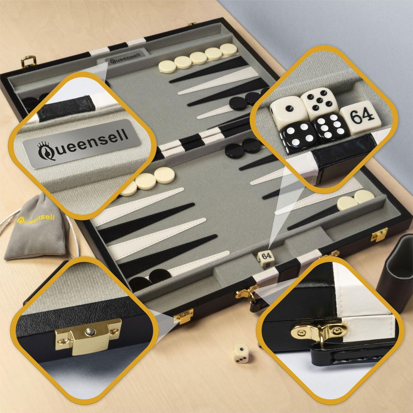 Queensell Backgammon Sets – 15-Inch Black PU Leather Travel Board for 2 Players
