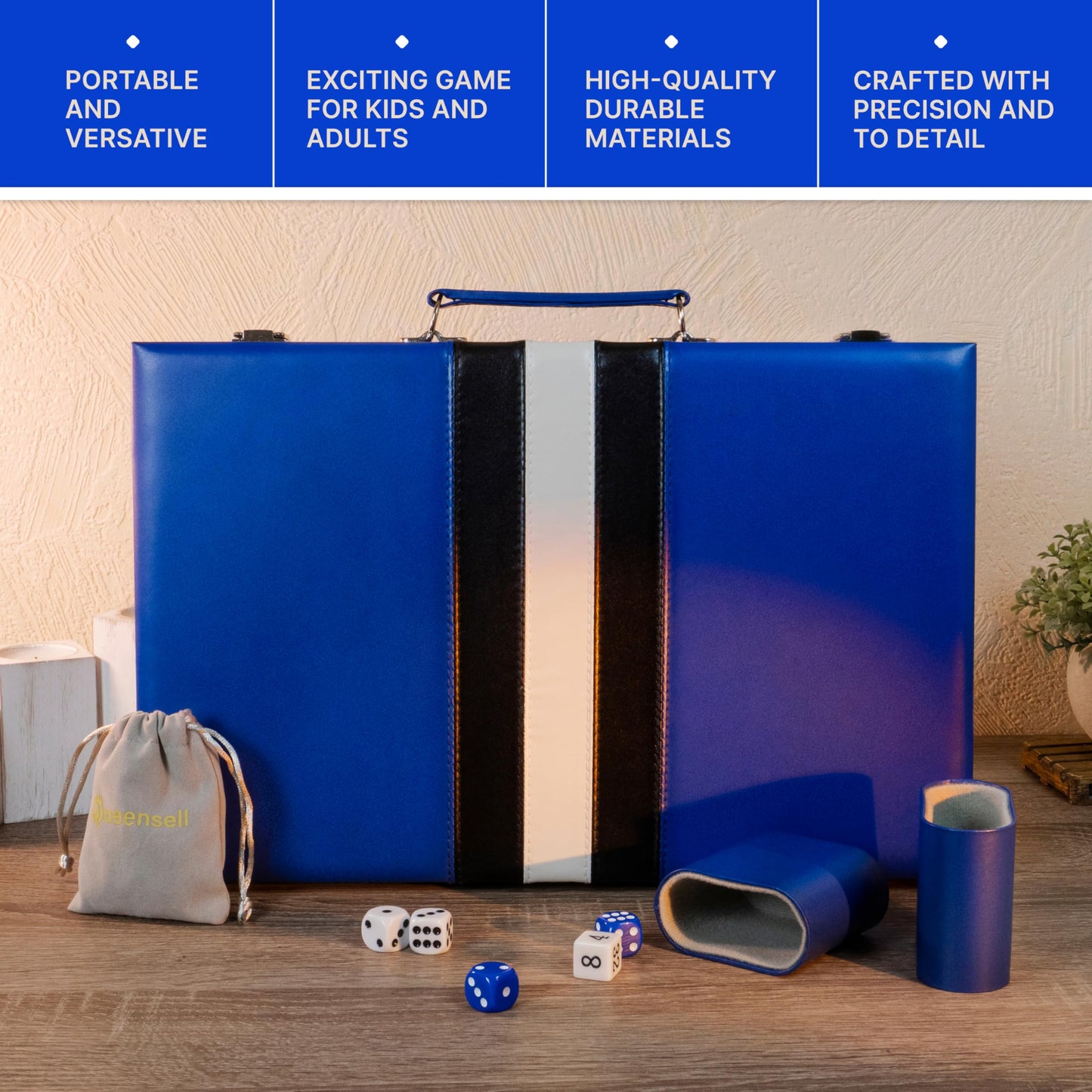 Queensell Backgammon Set – 15-Inch PU Leather Travel Board for 2 Players