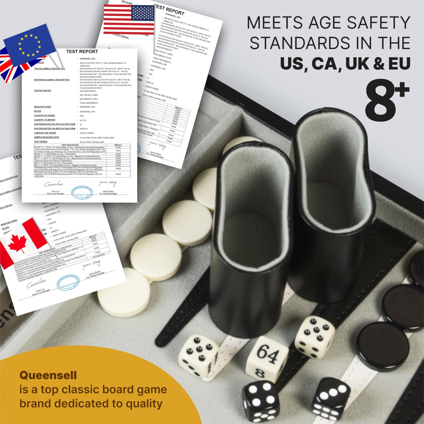 Queensell Backgammon Sets – 15-Inch Black PU Leather Travel Board for 2 Players