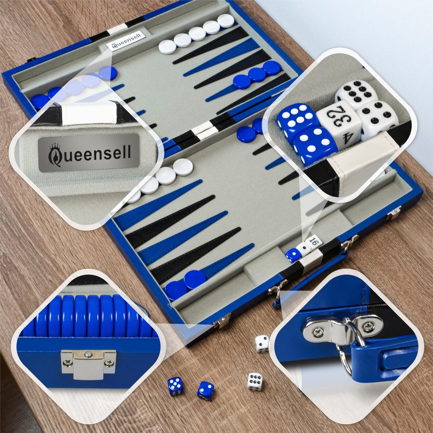 Queensell Backgammon Set – 15-Inch PU Leather Travel Board for 2 Players