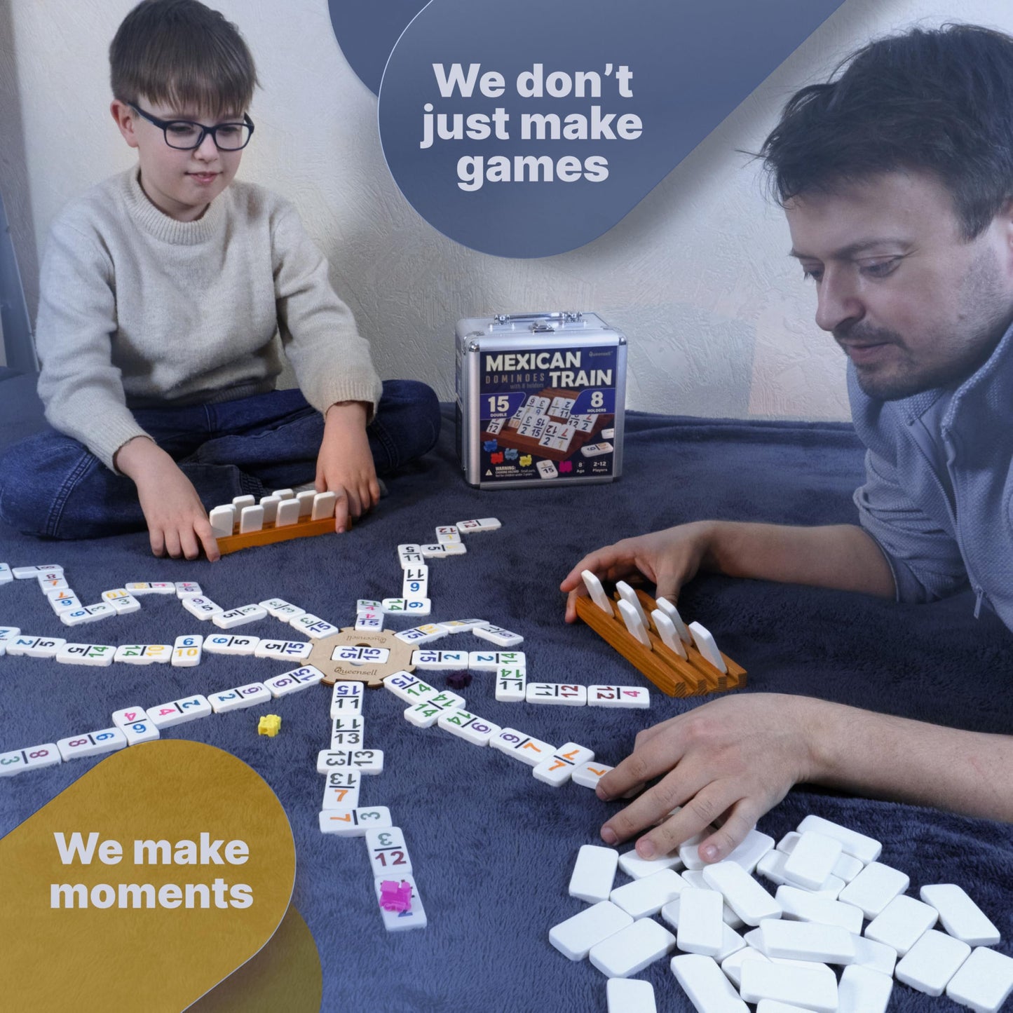 Queensell Mexican Train Dominoes Set Double 15 with Numbers | 136 Tiles + Aluminum Case