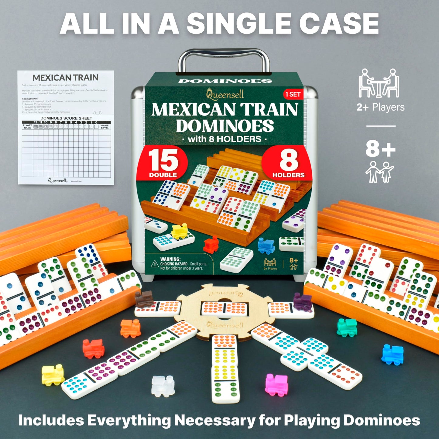 Queensell Mexican Train Dominoes Set Double 15 with 8 Holders – Wooden Hub & Trays