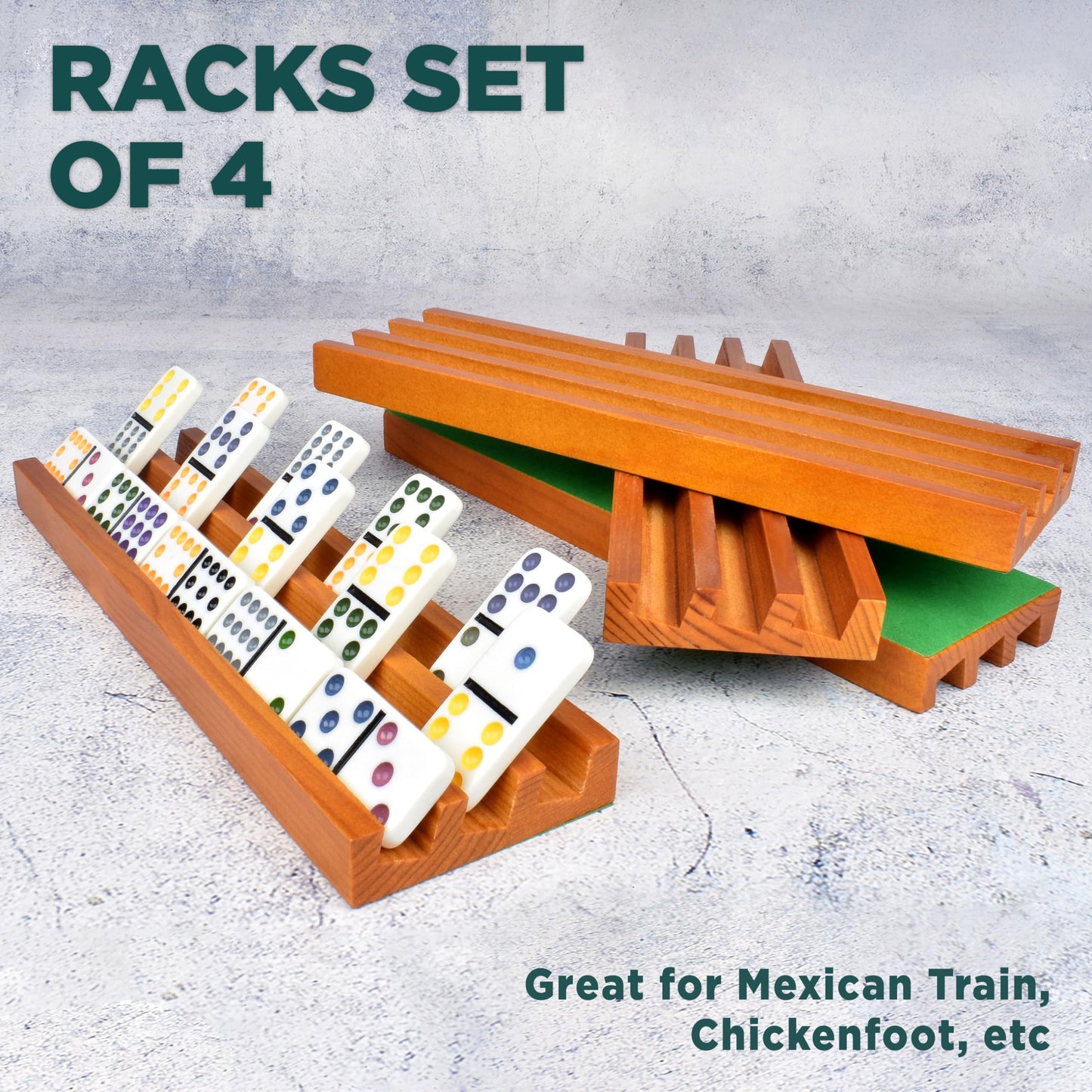 Queensell Domino Holders - 4 Wooden Trays for Mexican Train and Classic Dominoes