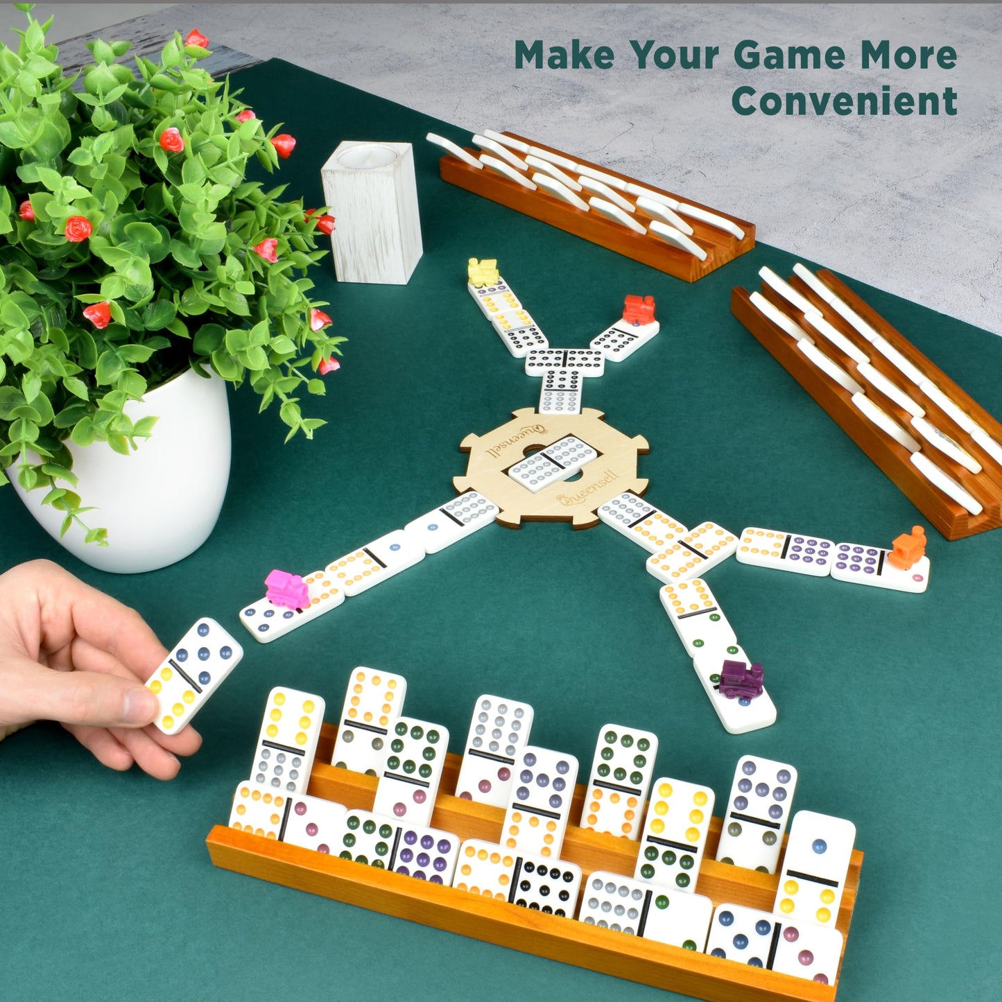 Queensell Domino Holders - 4 Wooden Trays for Mexican Train and Classic Dominoes