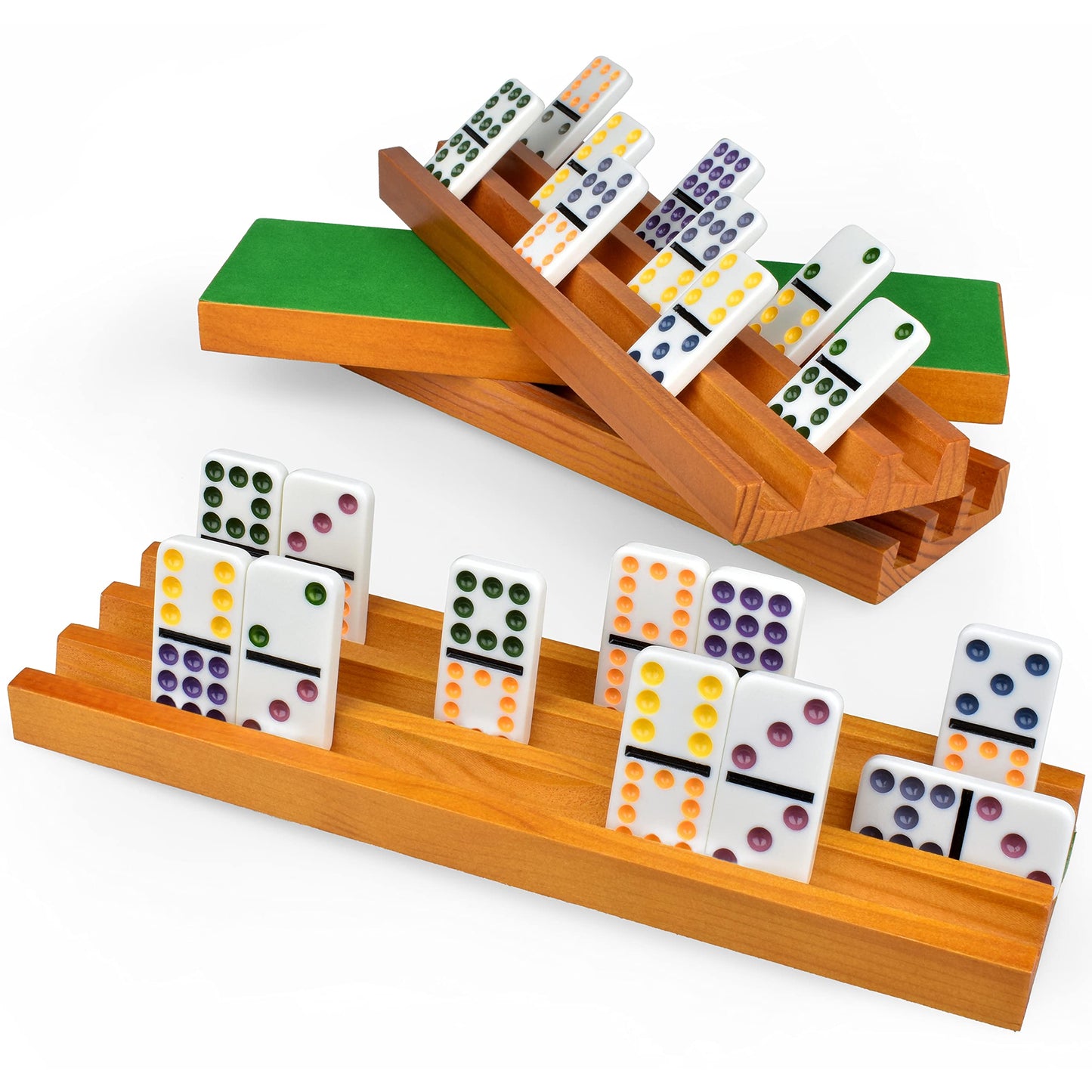 Queensell Domino Holders - 4 Wooden Trays for Mexican Train and Classic Dominoes
