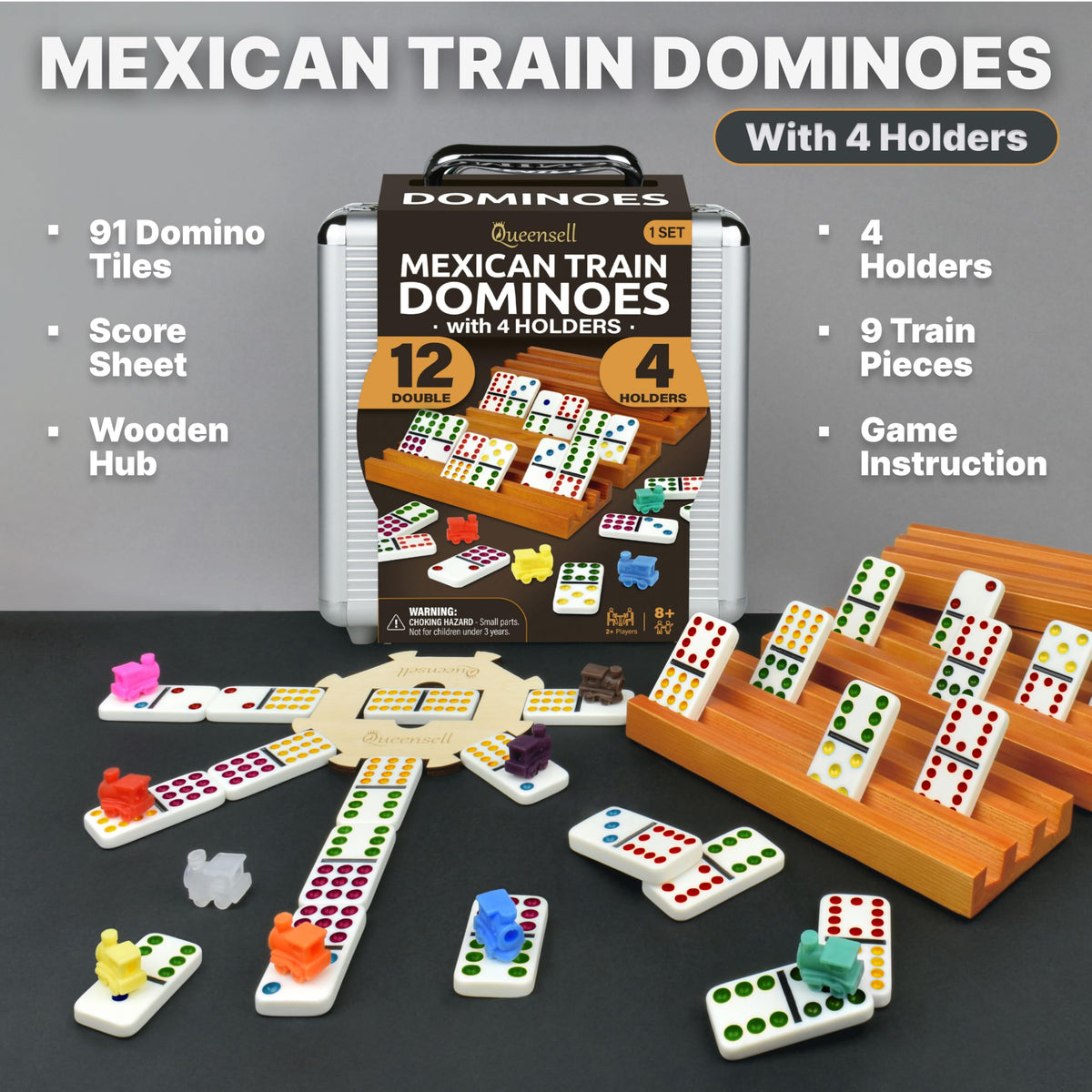 Queensell Mexican Train Dominoes Set with 4 Holders – Double 12 Dominoes for Family Game Night