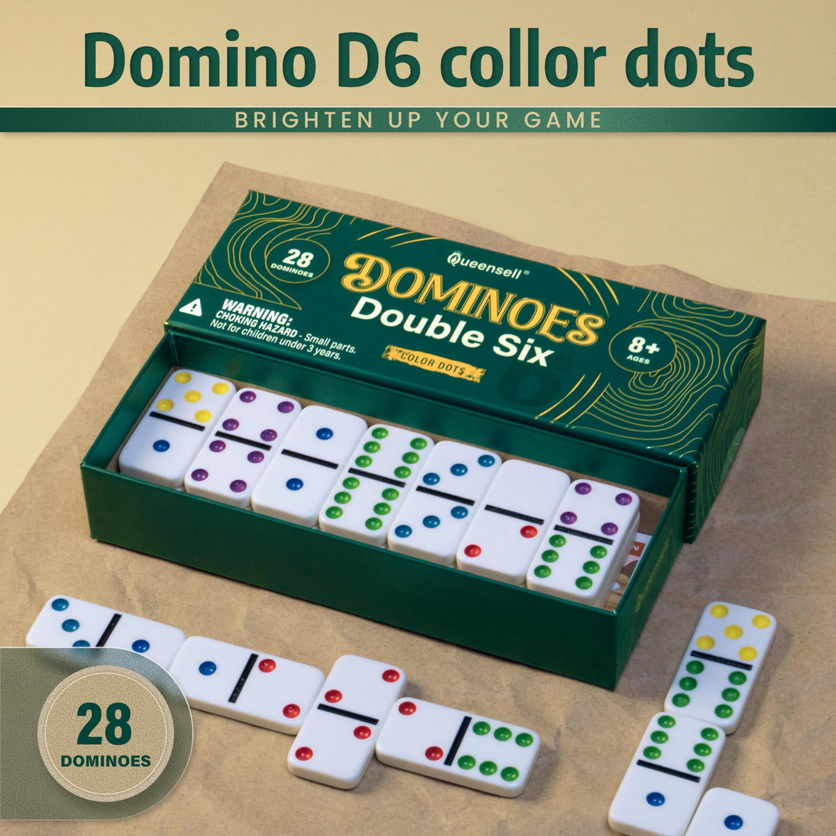 Queensell Dominoes Set – Double Six 28 Tiles for Adults & Kids