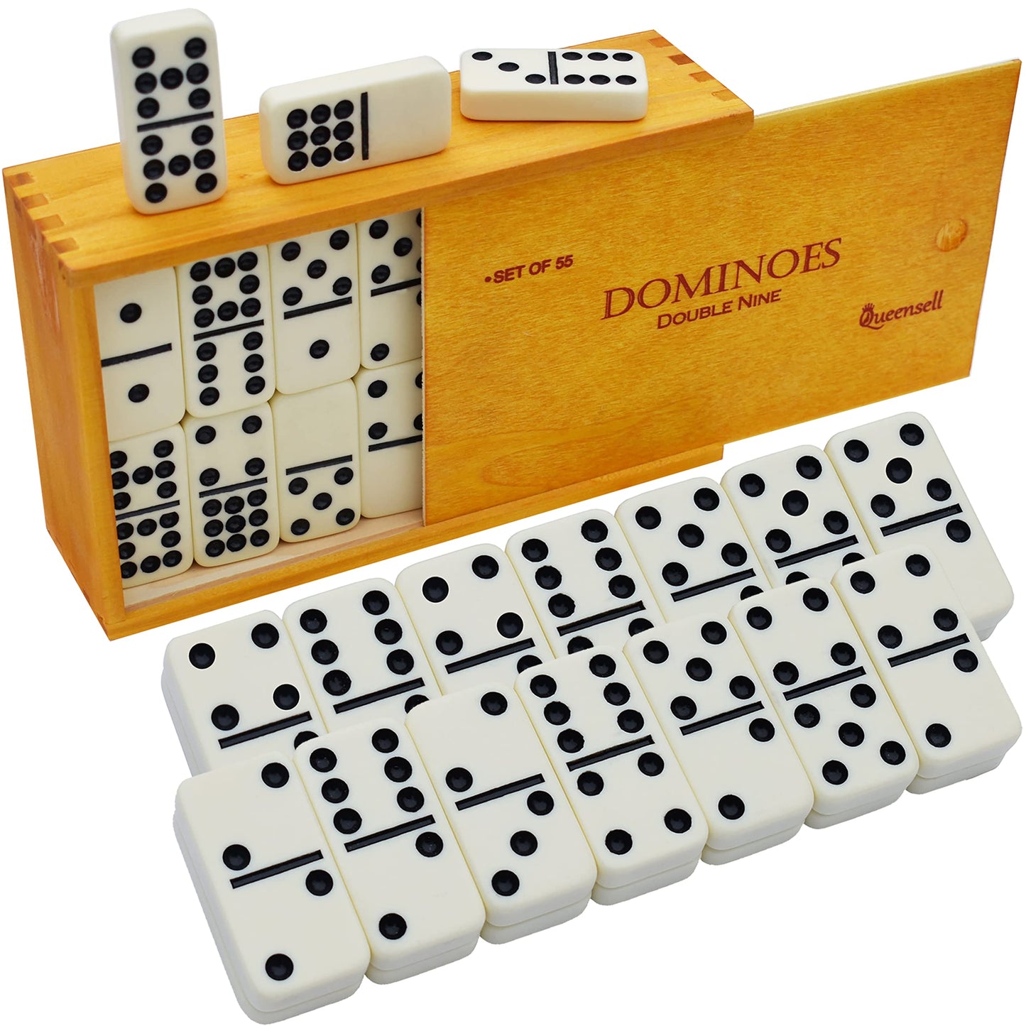 Queensell Dominoes Double Nine - 55-Tile Family Domino Set with Wood Case