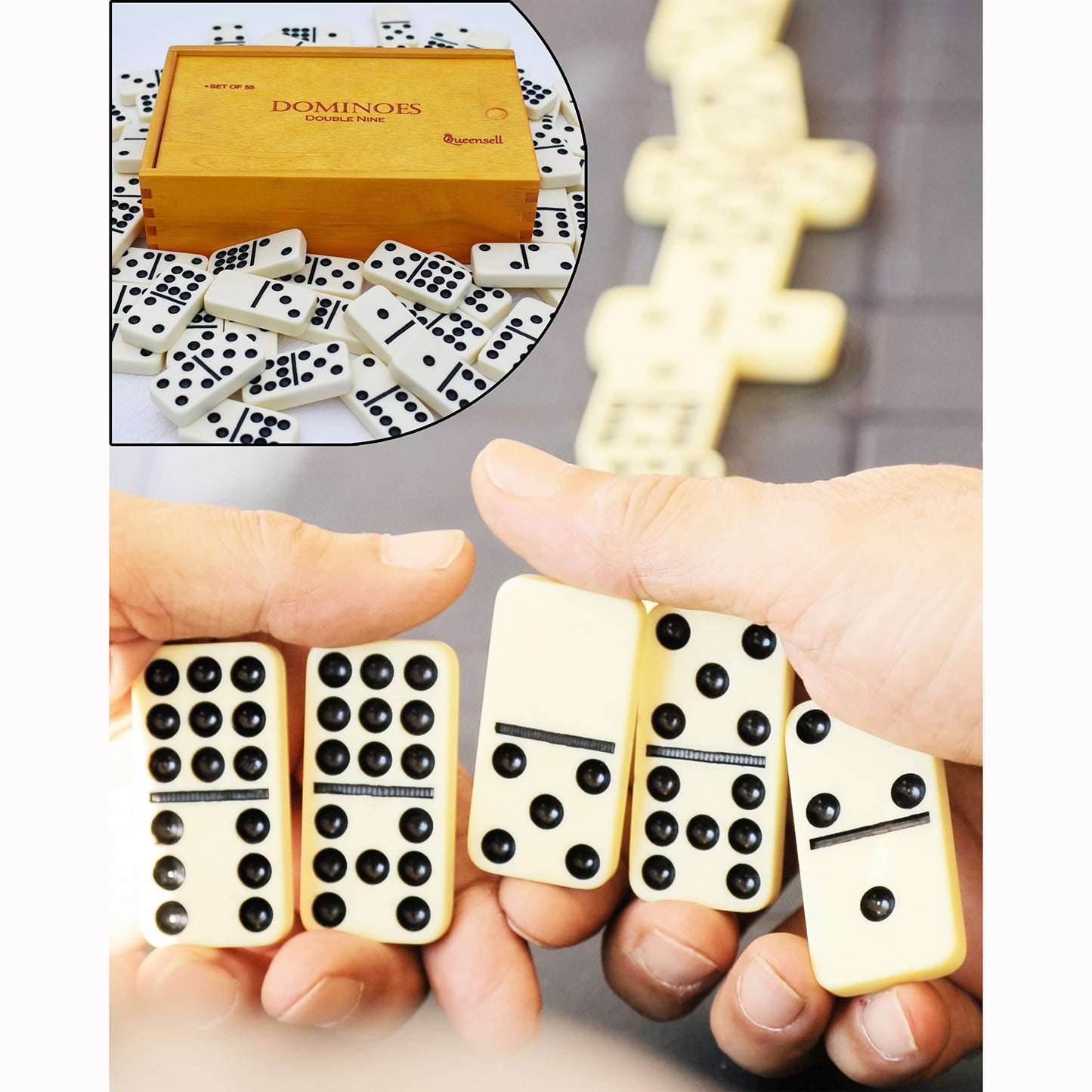 Queensell Dominoes Double Nine - 55-Tile Family Domino Set with Wood Case