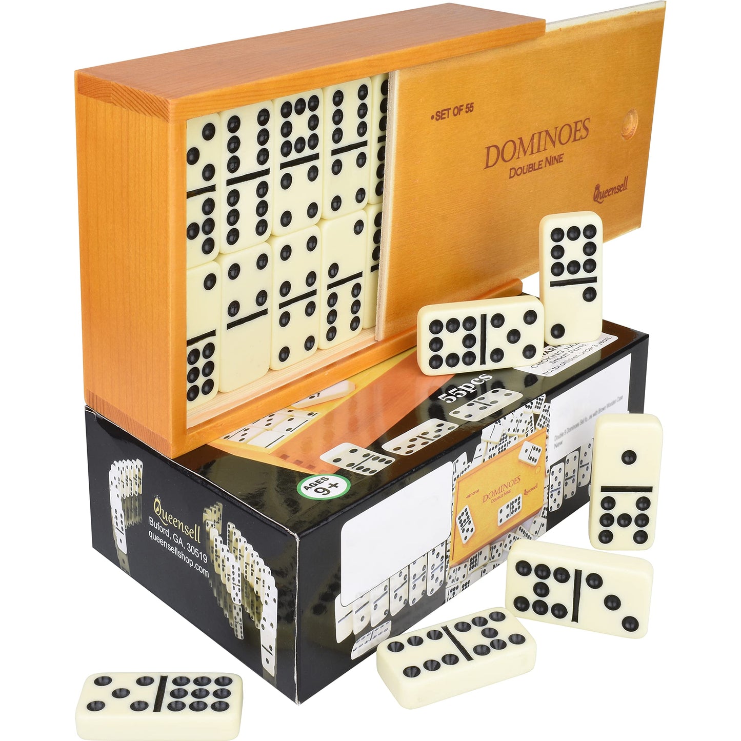 Queensell Dominoes Double Nine - 55-Tile Family Domino Set with Wood Case