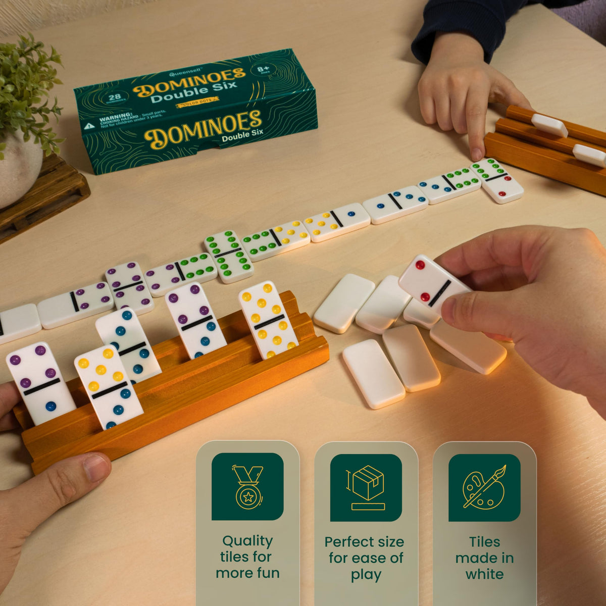 Queensell Dominoes Set – Double Six 28 Tiles for Adults & Kids