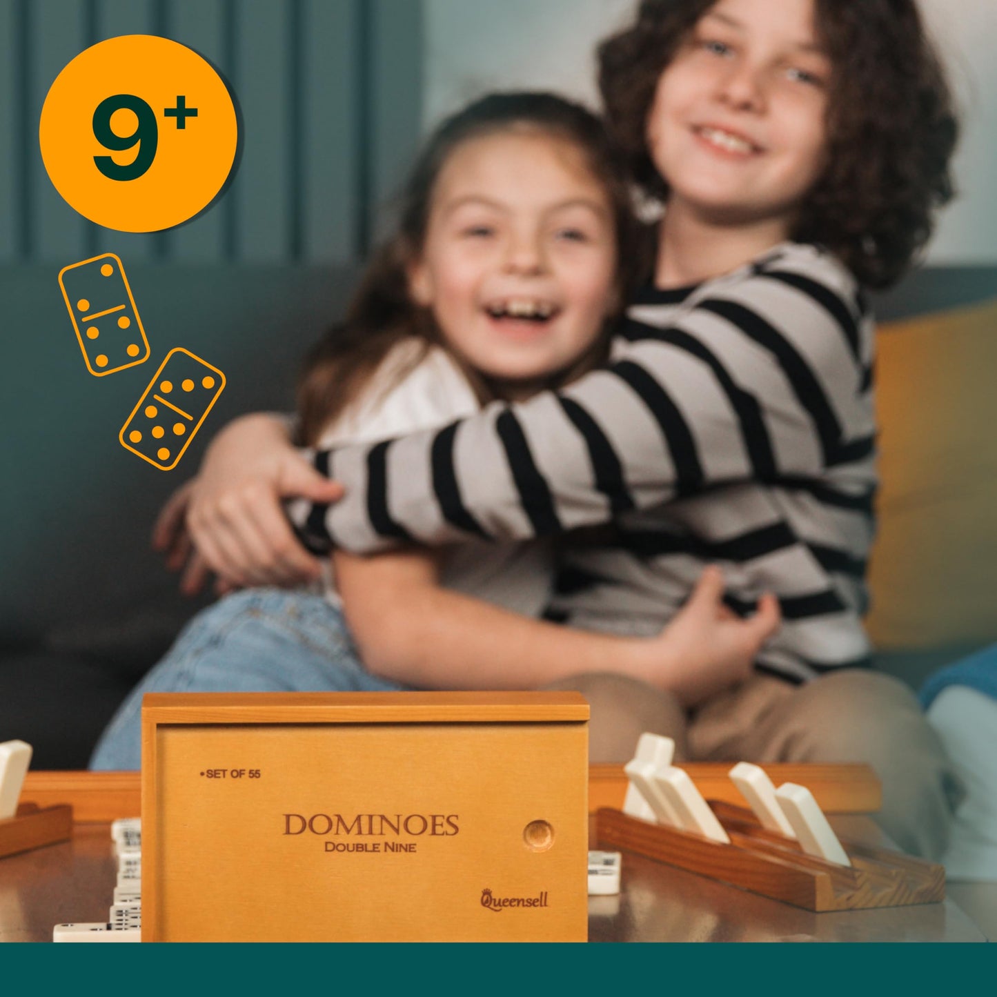 Queensell Dominoes Double Nine - 55-Tile Family Domino Set with Wood Case