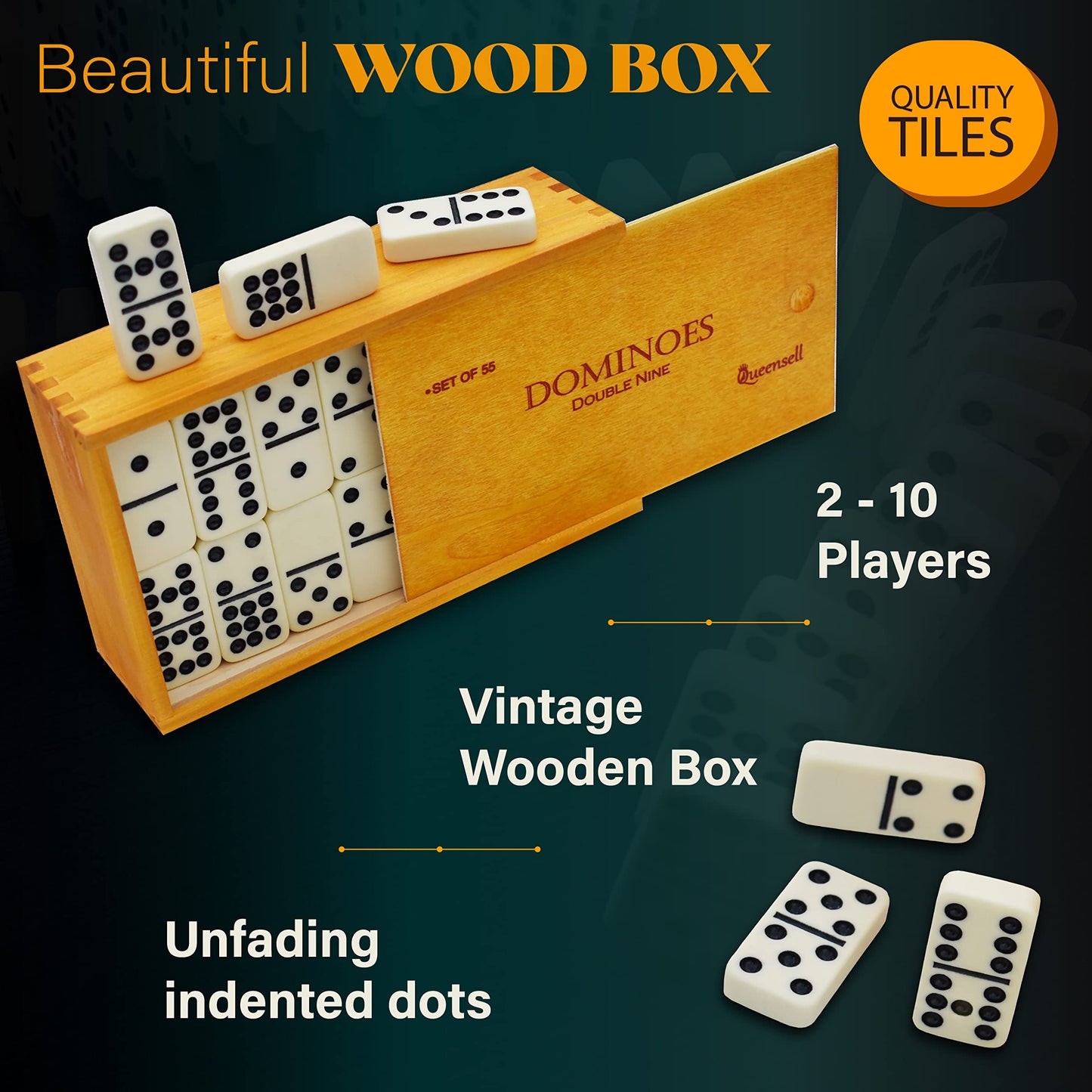 Queensell Dominoes Double Nine - 55-Tile Family Domino Set with Wood Case