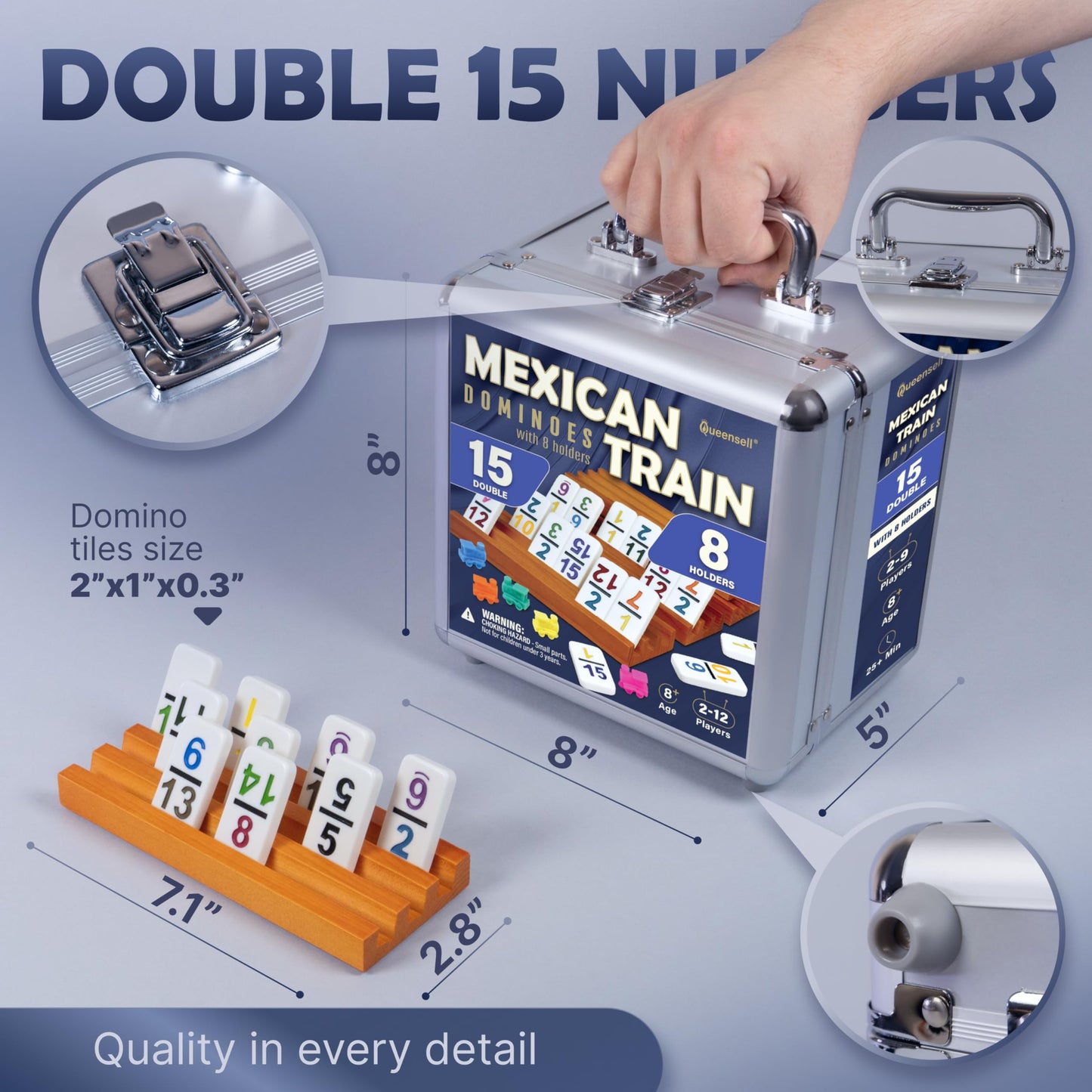 Queensell Mexican Train Dominoes Set Double 15 with Numbers | 136 Tiles + Aluminum Case
