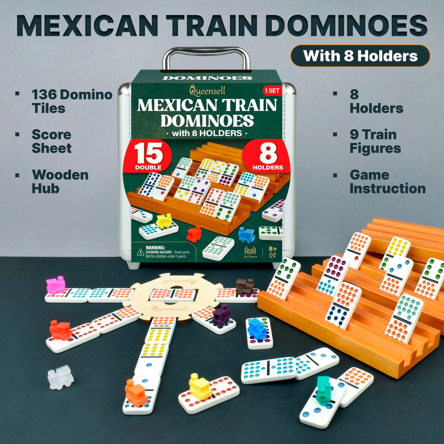 Queensell Mexican Train Dominoes Set Double 15 with 8 Holders – Wooden Hub & Trays