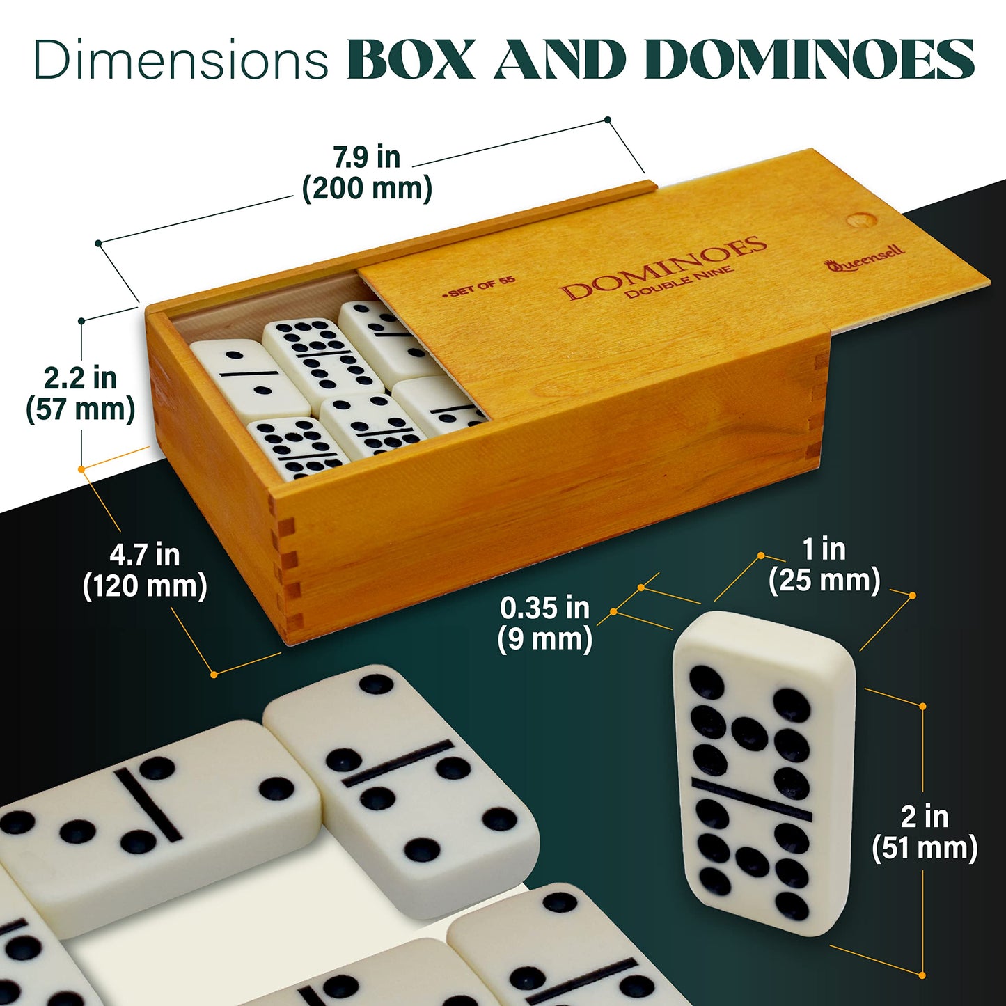 Queensell Dominoes Double Nine - 55-Tile Family Domino Set with Wood Case