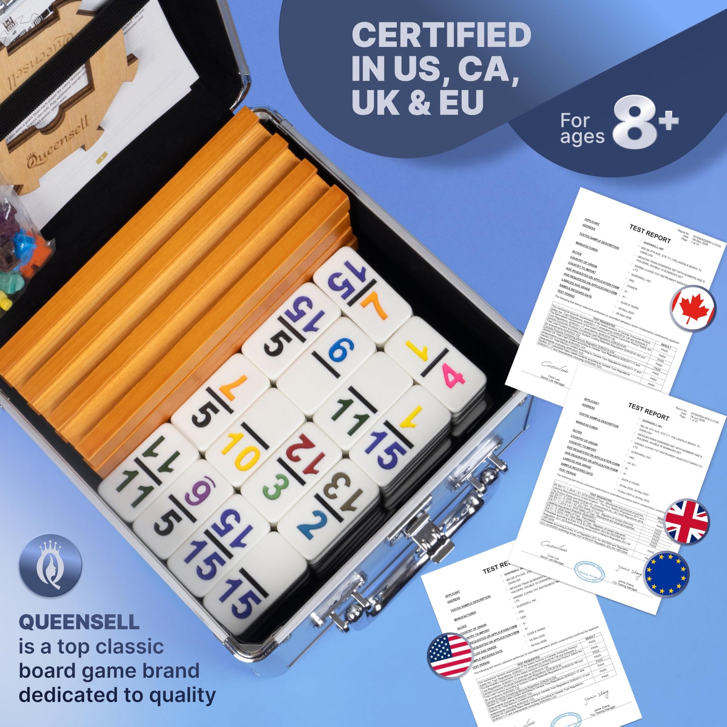 Queensell Mexican Train Dominoes Set Double 15 with Numbers | 136 Tiles + Aluminum Case