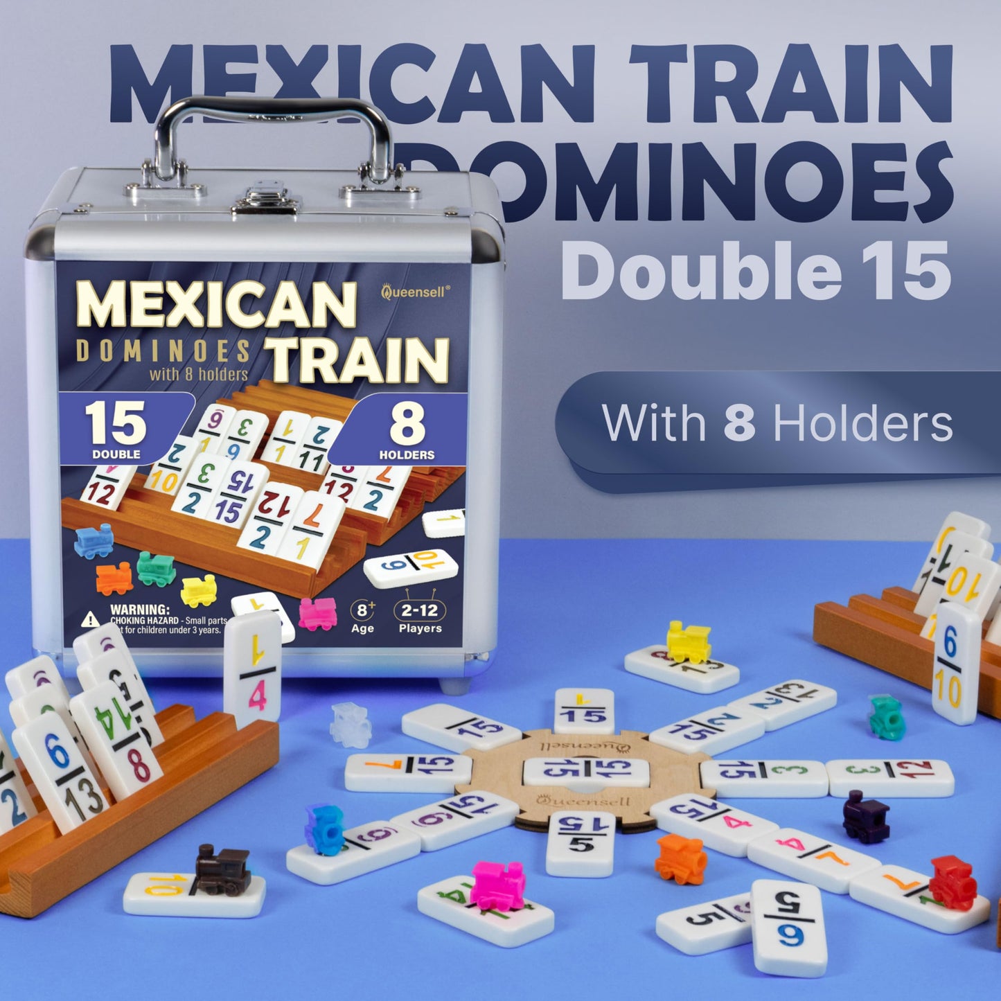 Queensell Mexican Train Dominoes Set Double 15 with Numbers | 136 Tiles + Aluminum Case