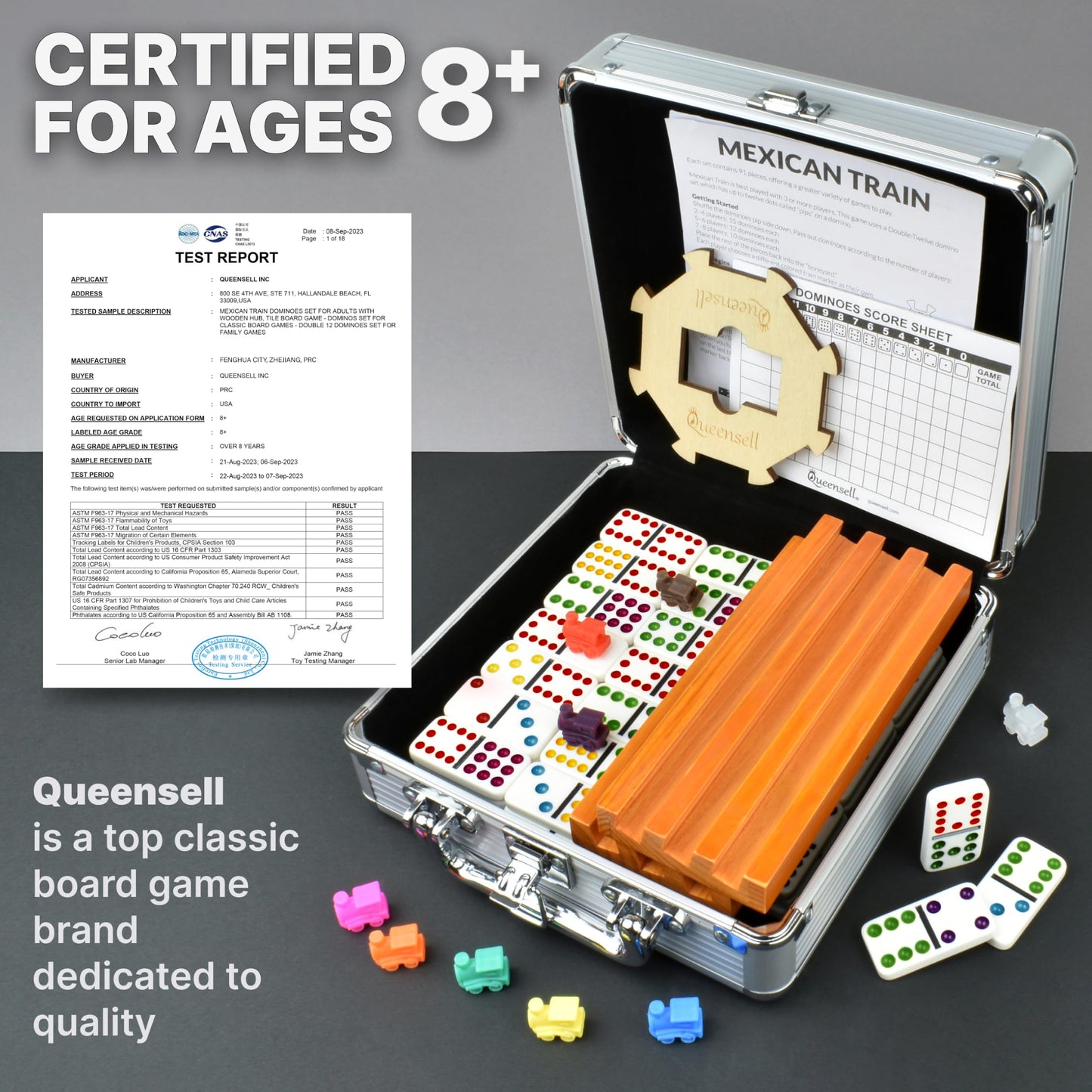 Queensell Mexican Train Dominoes Set with 4 Holders – Double 12 Dominoes for Family Game Night