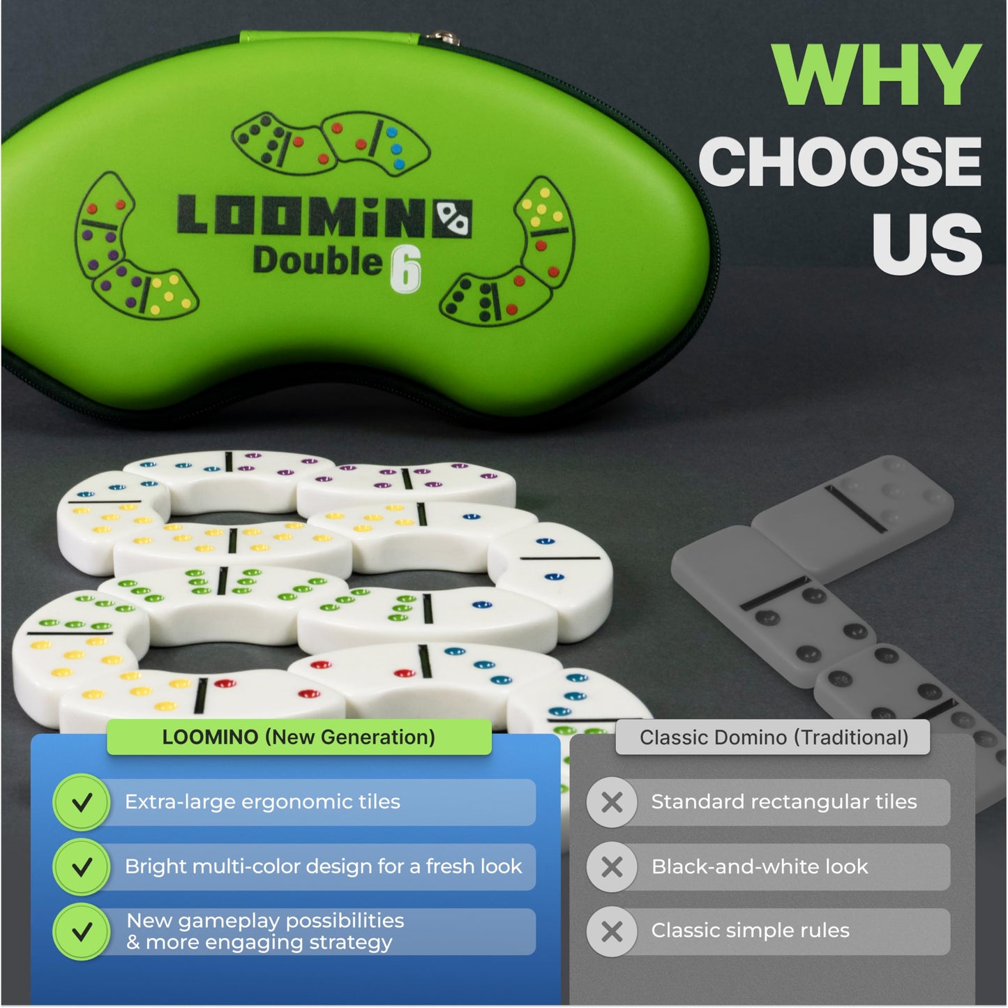 Queensell Loomino: Curved Dominoes for Family Play – Modern Dominoes Game